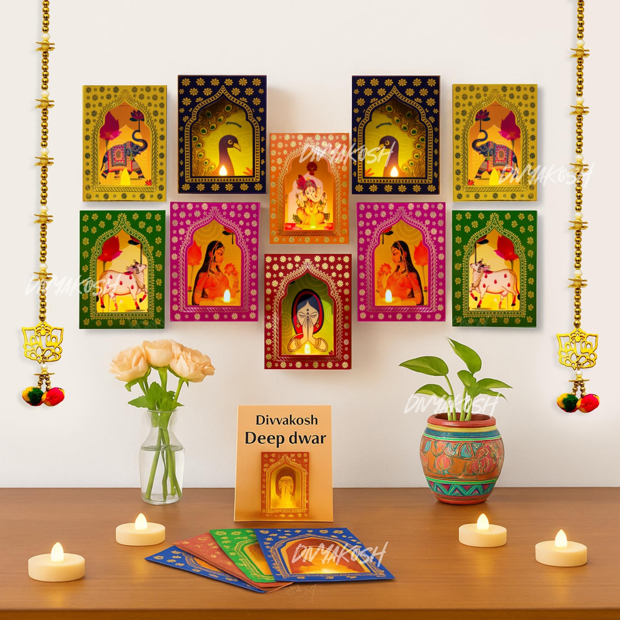 Divyakosh Deep Dwar (Pack of 12) with LED Candles and Ganeshji Hangings (2 Pcs), Jharokha Style Wall & Home Decor for Diwali Decoration, Festive Decor, Wall Decor