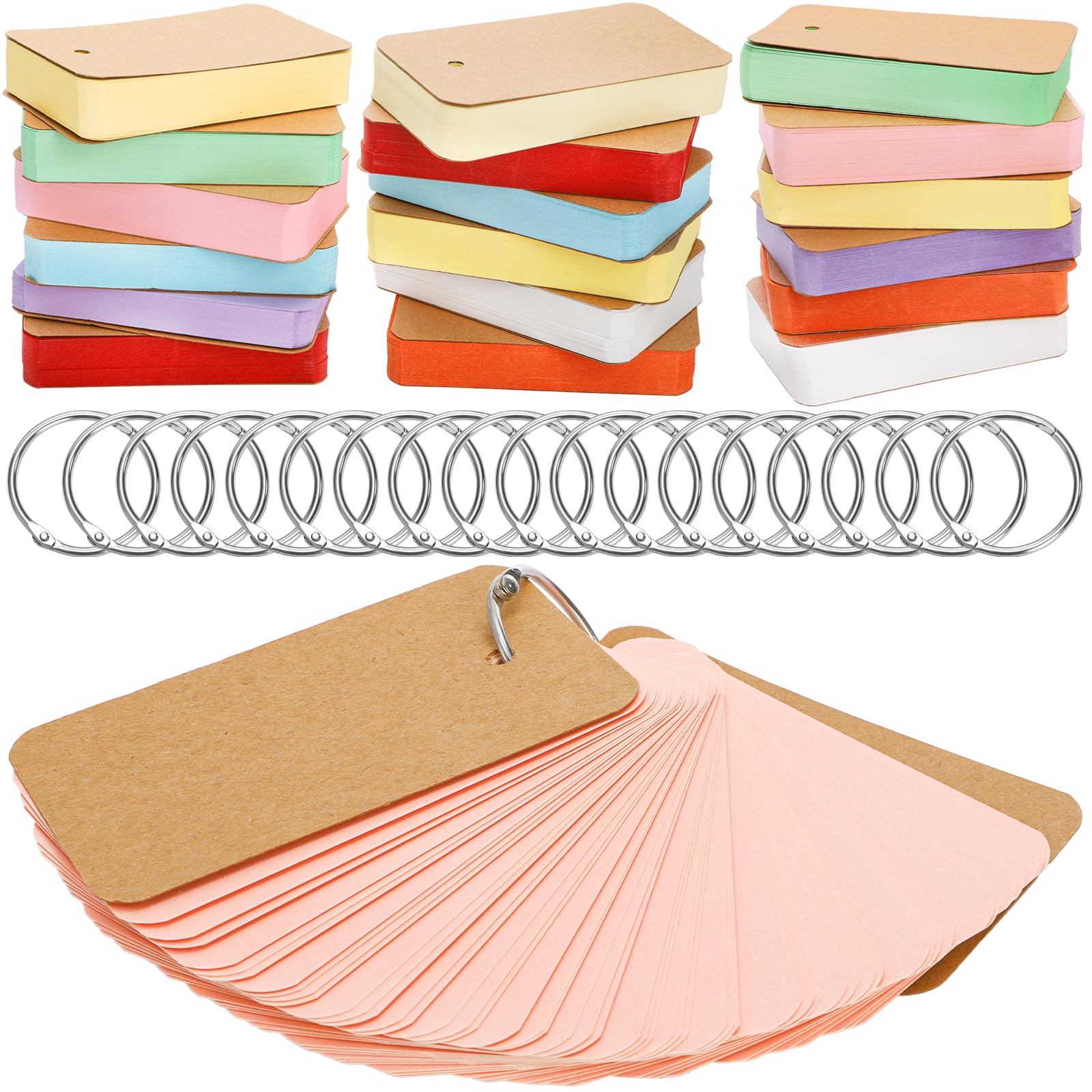 WUWEOT 18 Pack Index Cards with Binding Rings, 900 Sheets 5.4 x 9 cm Flash Cards, Double-Sided Available Study Cards, Easy Flip DIY Greeting Card, Note Cards, Kraft Paper Cards