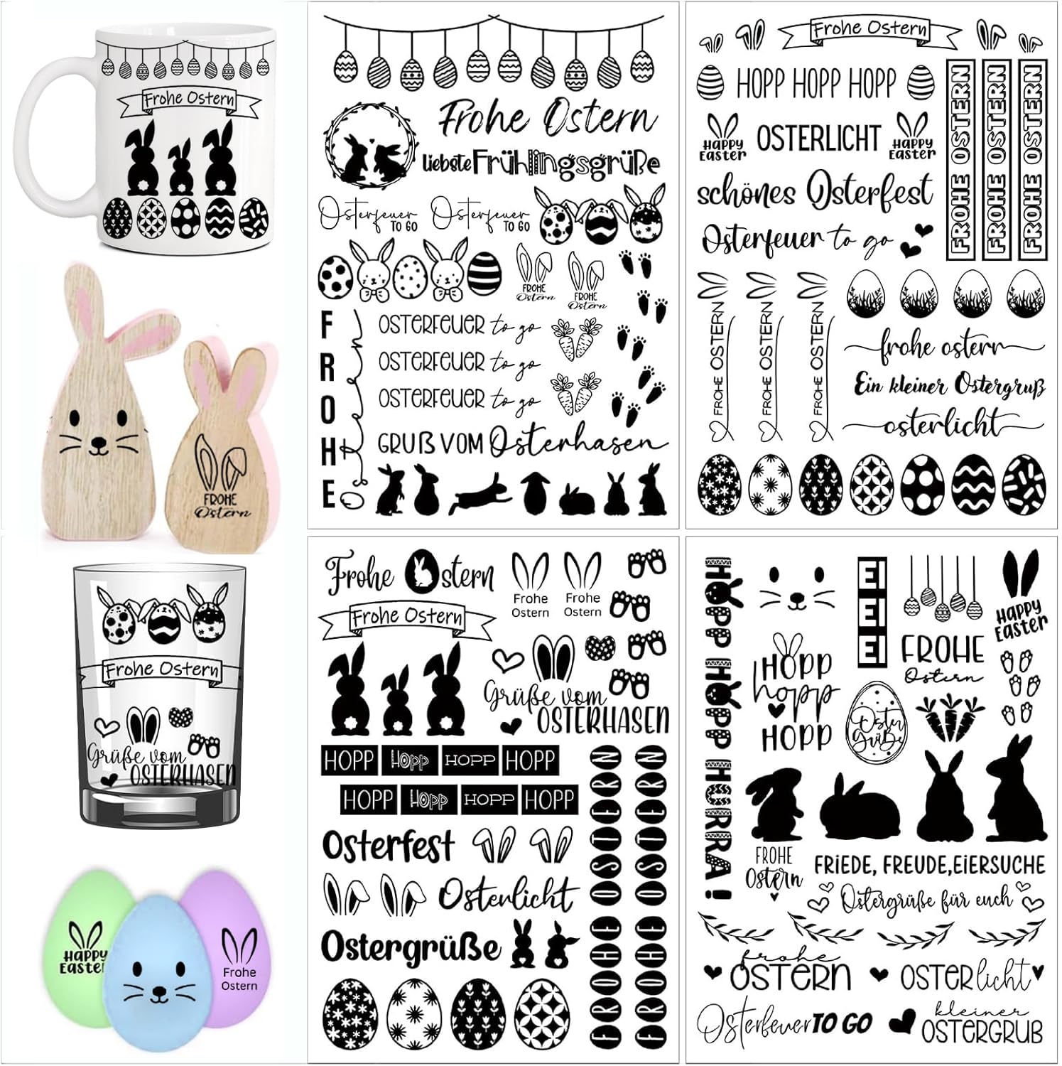 4 Stück Rub On Sticker Ostern A5, 21x14cm Folie Transfer Aufkleber Selbstklebend Frohe Ostern Sticker, Ostereier Osterhasen Rub Ons Sprüche, für DIY Glas Holz Möbel Scrapbooking