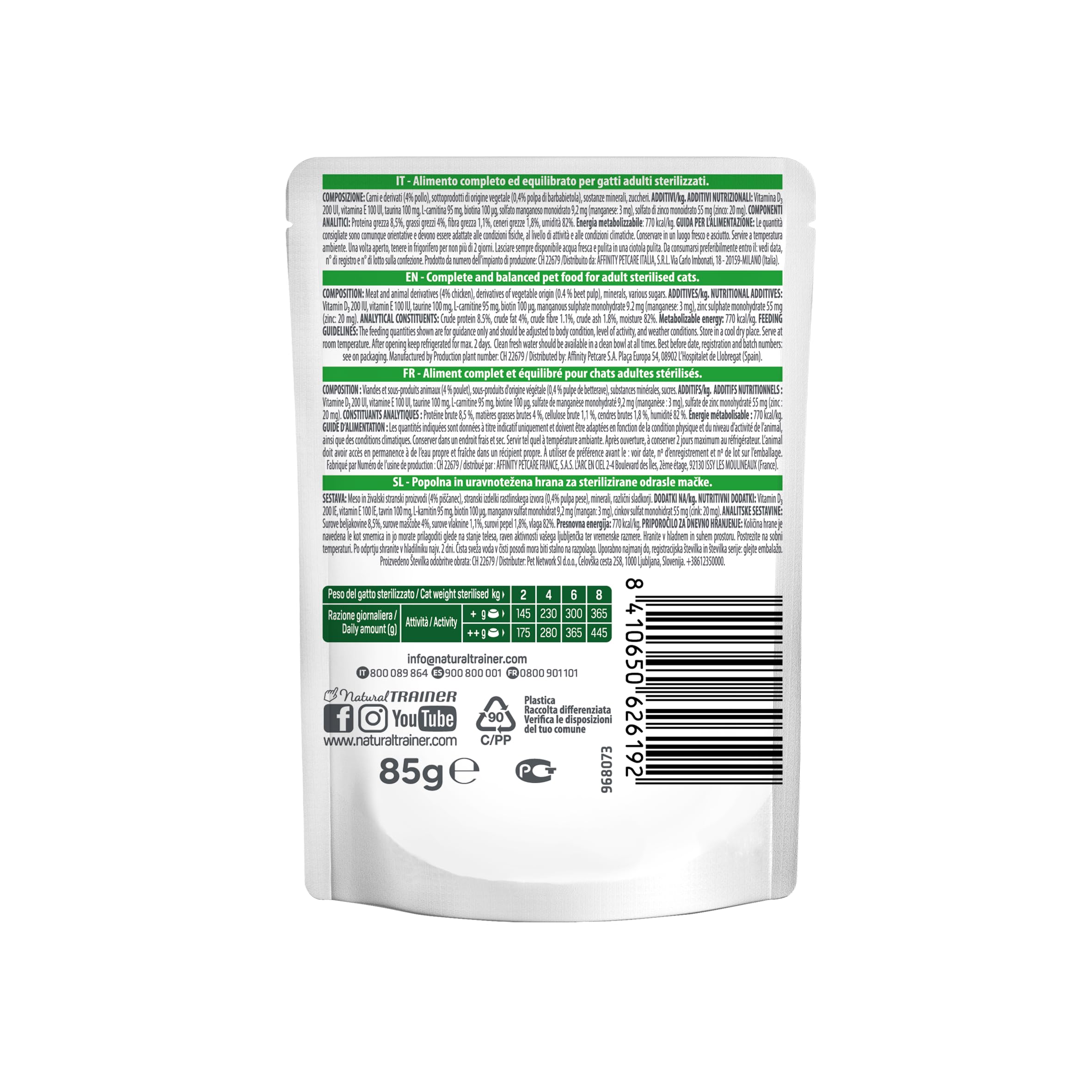 Natural Trainer Straccetti Cibo Umido per Gatti Adulti Sterilizzati - Bocconcini in salsa con Pollo 24 x 85g