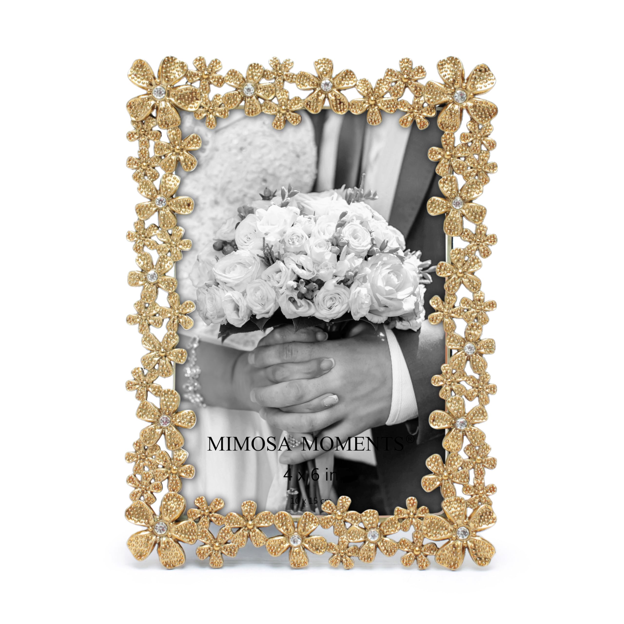 Metalowa ramka na zdjęcia w stylu Flora z kryształkami strasu (mosiądz, 10 x 15 cm)