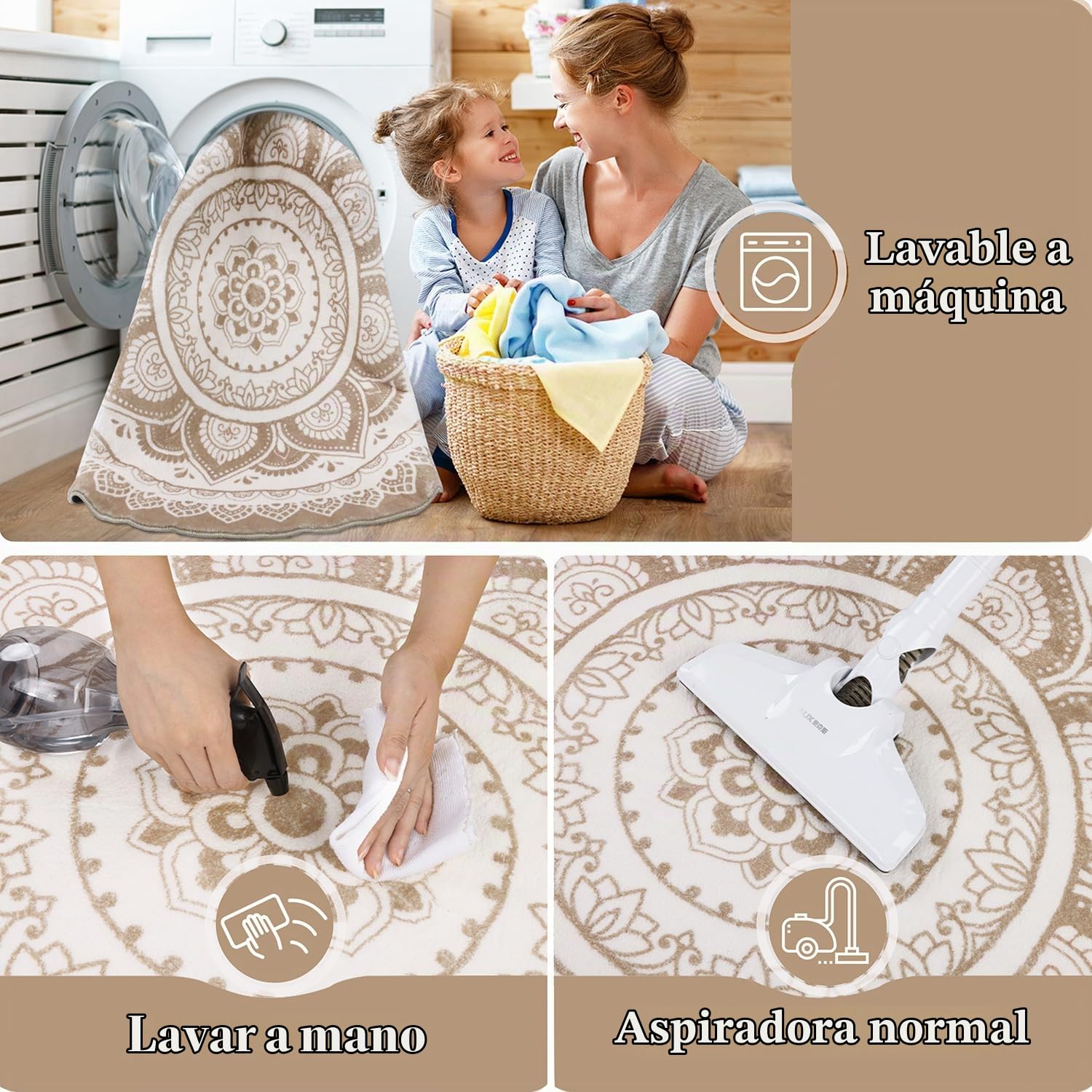 SHACOS Alfombra Redonda Salon Grande Beige 160 cm Alfombra Circular Lavable Antideslizante de Pelo Corto Suave Estilo Boho Decorativa Circular para Salón, Dormitorio