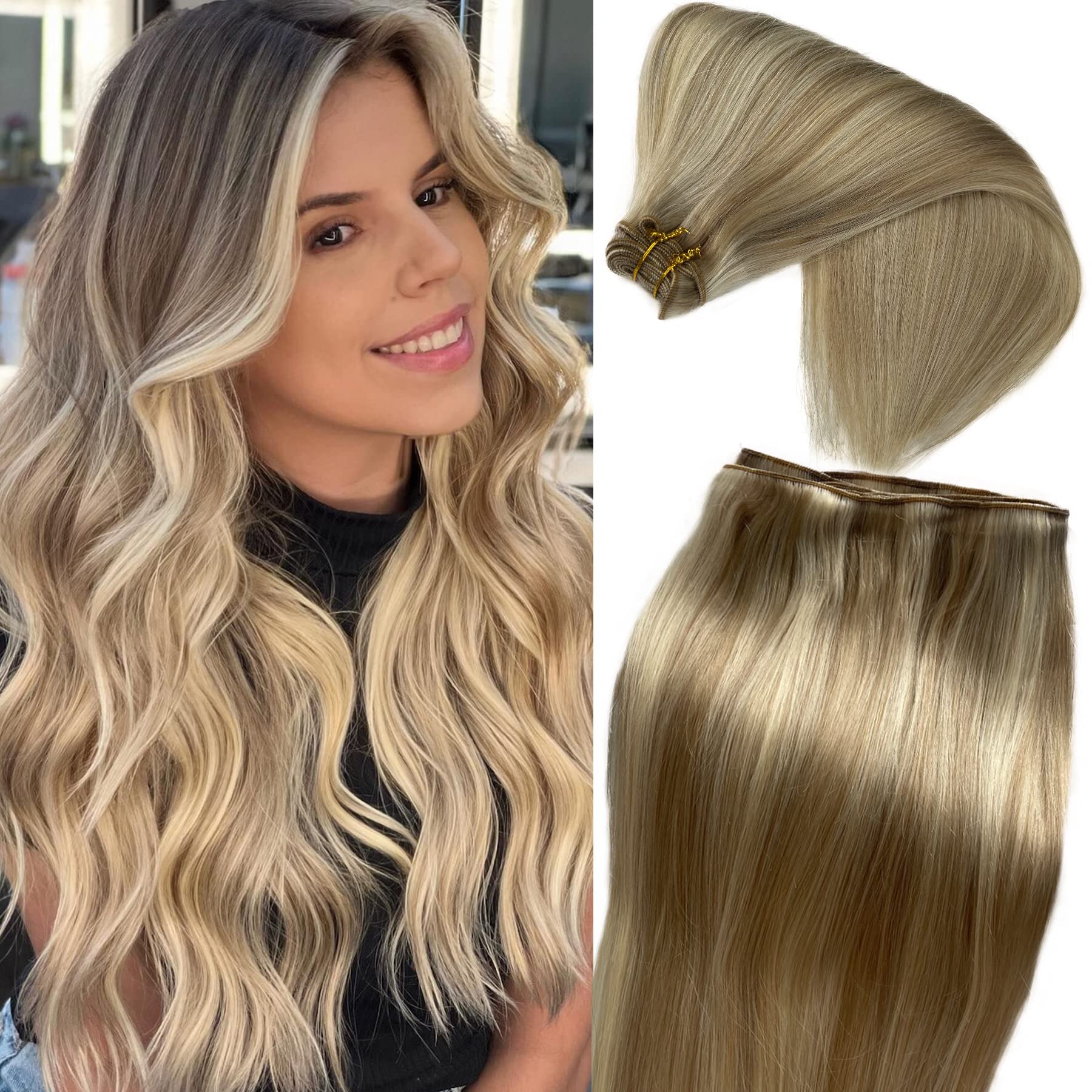 Hand Tied Sew in Weft Hair Extensions Real Human Hair Ash Blonde to Blonde Highlights Sew in Extensions Balayage Blonde Hand Tied Weft Hair Extensions