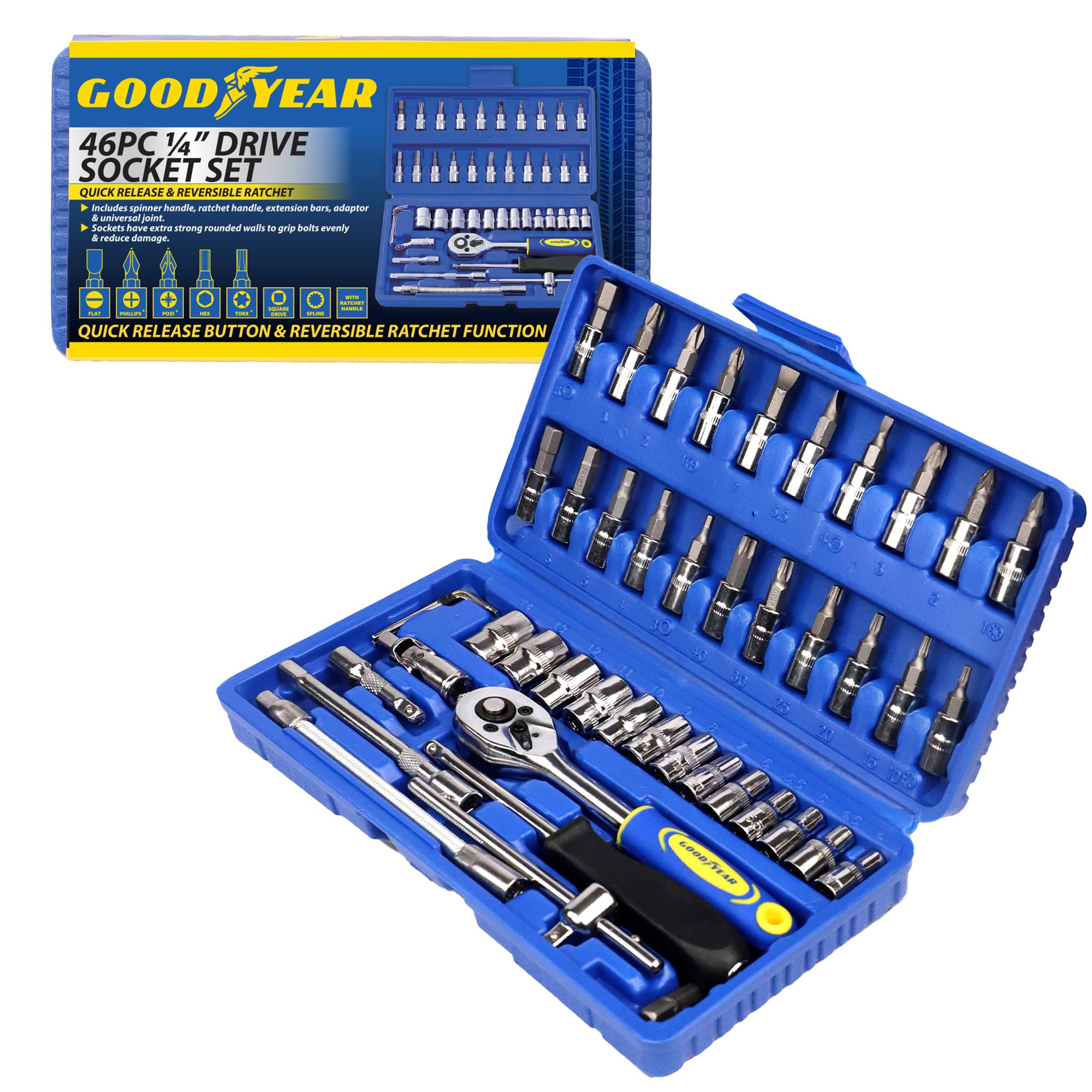 Goodyear Juego de 46 llaves de vaso de 1/4 pulgadas – trinquete de liberación rápida, función reversible, mango giratorio, barras de extensión, adaptador y junta universal – enchufes de pared