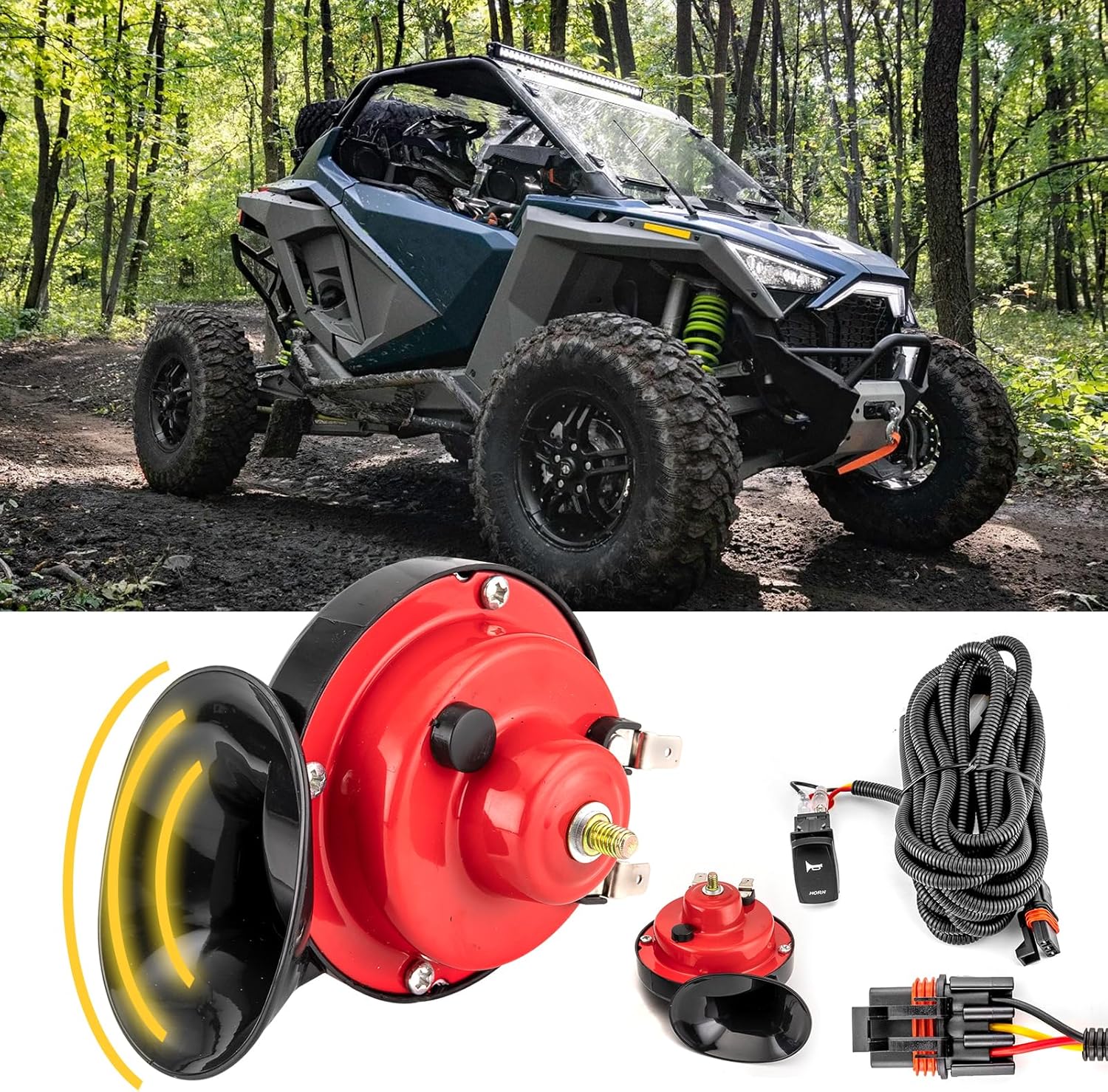 2 Pack Horn Kit and Plug & Play Rocker Switch Wiring Harness with Pulse Power Bar Connector Relay Fuse Compatible with Polaris RZR Pro General Ranger Trail Turbo R S XP 4 2018-2026(12V 130DB)
