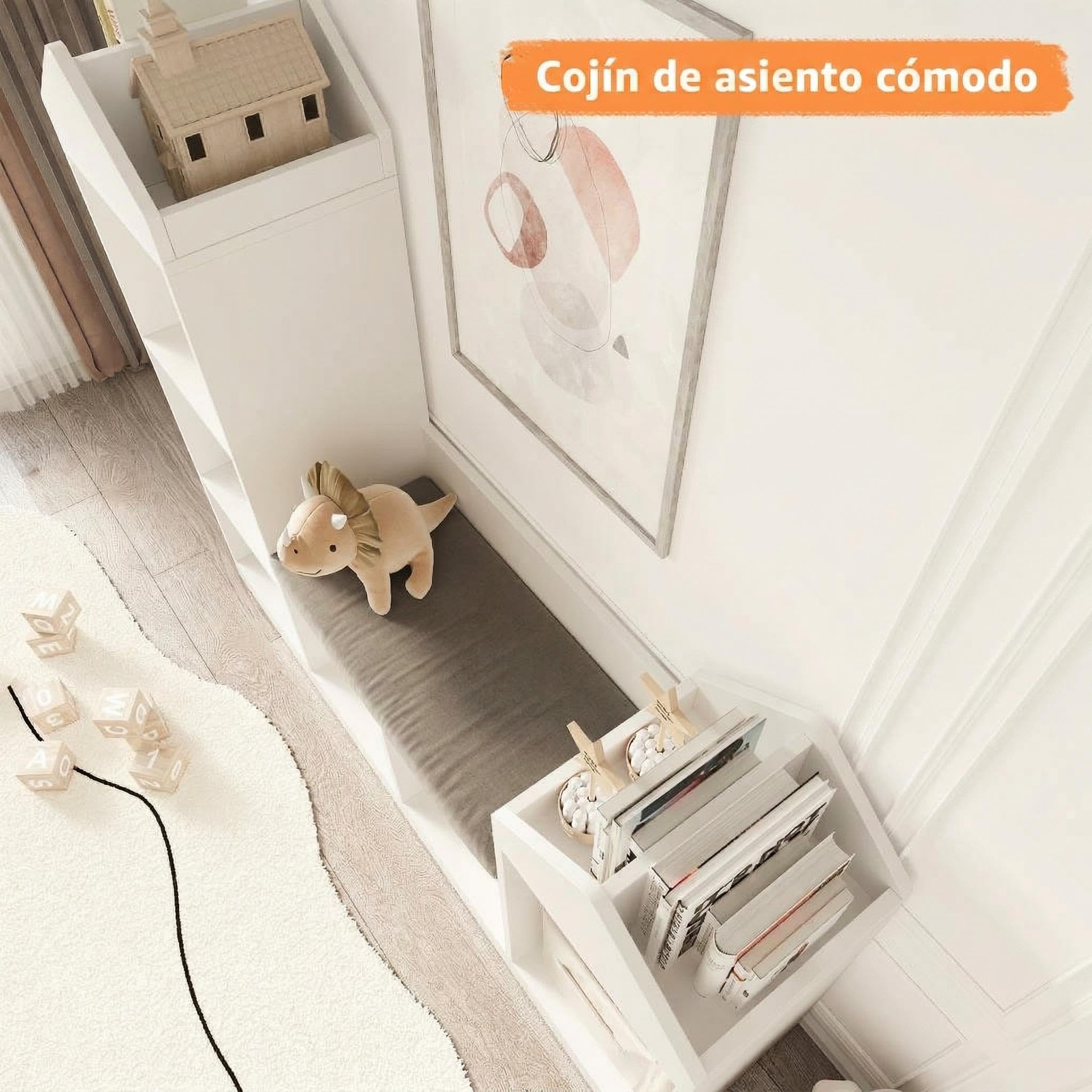 Garvee Estantería Niños Grande con Asiento - 121 * 30 * 108CM - Librería Infantil de Madera - Compartimentos Clasificables Multifunción - Estanteria Infantil Gran Capacidad - Color Blanco