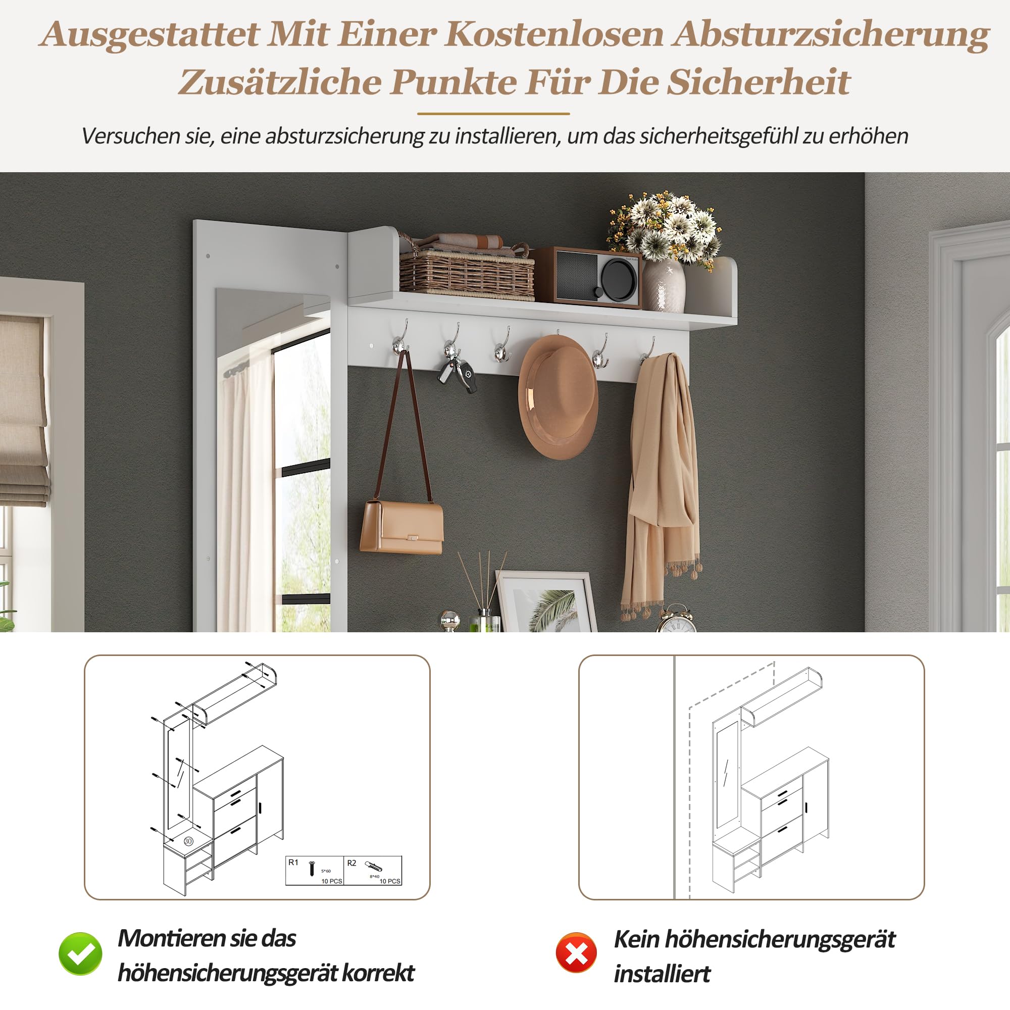 Garderobe Set Garderobenschrank mit Spiegel, Weiß, 140x30x200 cm