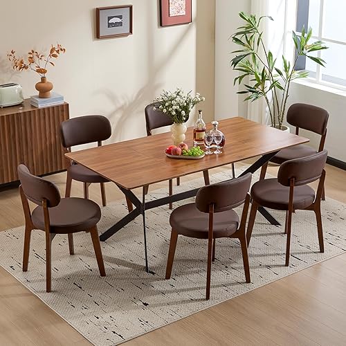 Miniatura 9 de Furniliving Juego de 4 sillas de comedor de madera de roble, sillas de cocina tapizadas de cuero moderno de mediados de siglo con madera maciza,