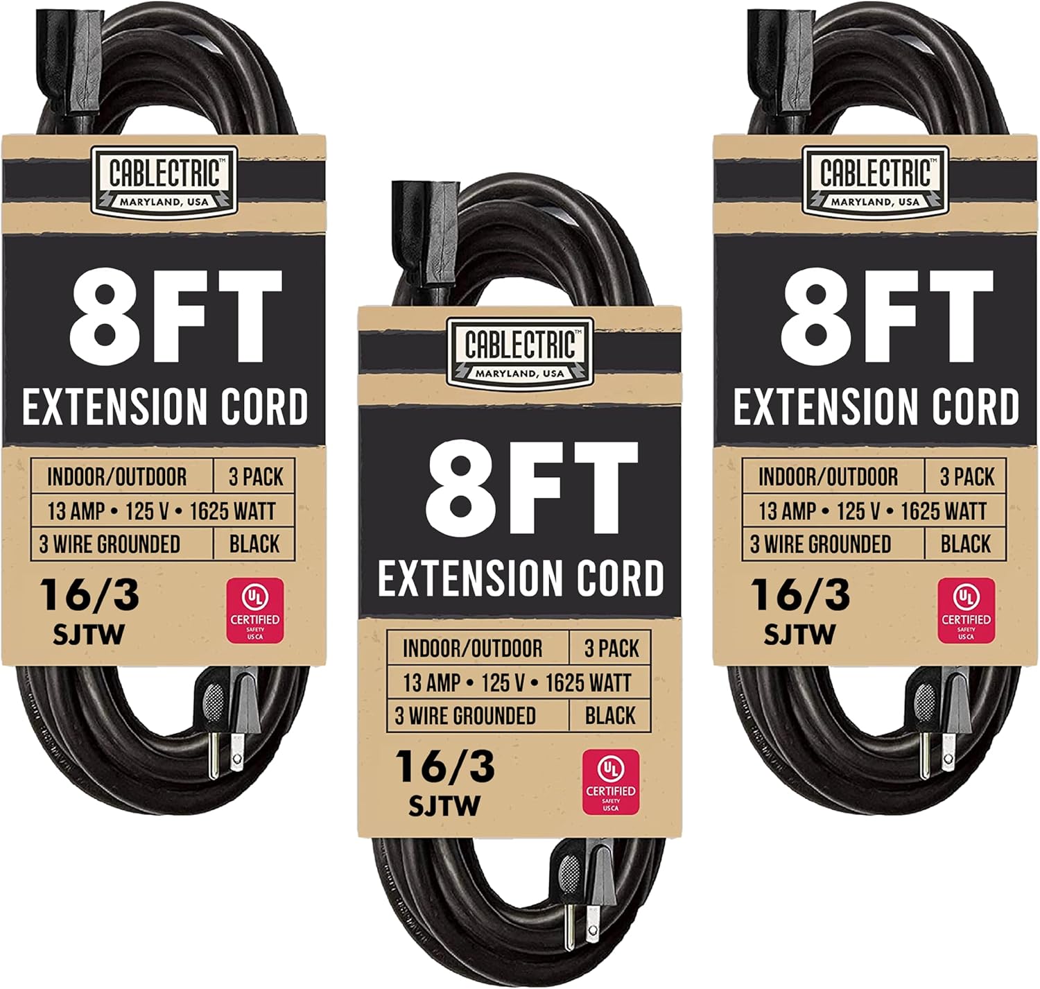 Cablectric 3 Pack Weatherproof Black Extension Cord 8 ft