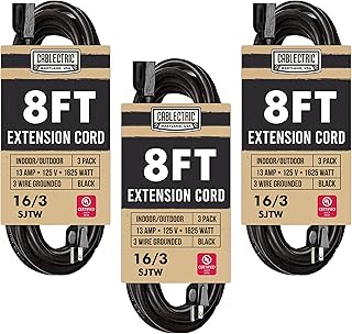 Cablectric 3 Pack Weatherproof Black Extension Cord 8 ft, 16/3 SJTW 8 Foot Outdoor Extension Cord 3 Prong, 13 Amp Heavy Duty Exterior Power Cable Multi Pack Great for Outside, Landscaping & Lawn