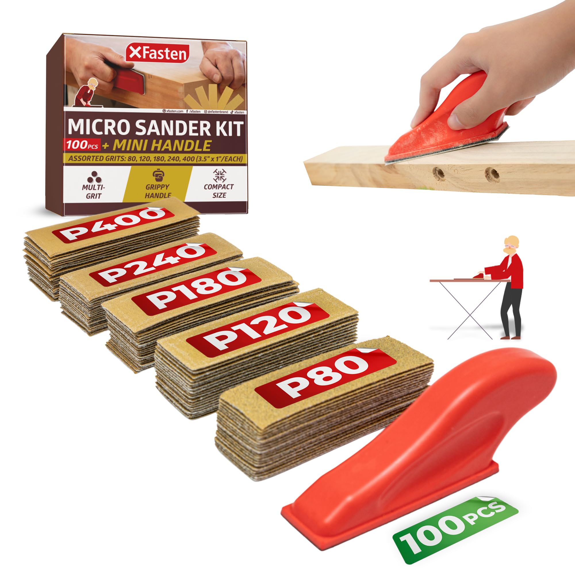 XFastenMicro Sander Kit 3.5” x 1” Mini Detail Sander Sandpaper Kit 80 120 180 240 400 Grit 100 PCS Sand Paper for Wood Furniture, Mini Sander Kit, Finger Sander, Small Sander for Small Projects