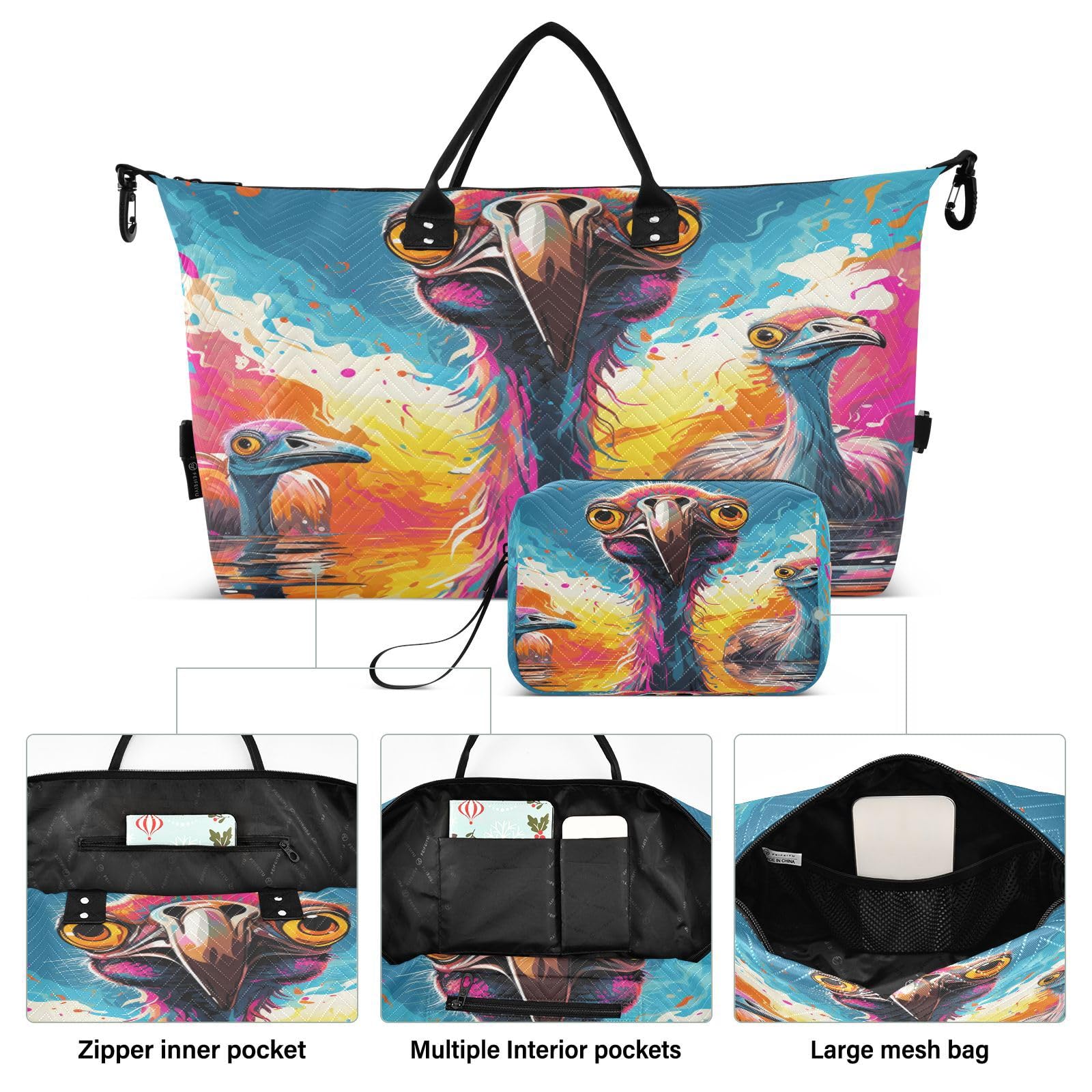 Aquarell Strauße Cartoon-Kunst Sporttasche Handtasche mit Make-up Aufbewahrungstasche Badetasche für Reisen Mädchen Männer