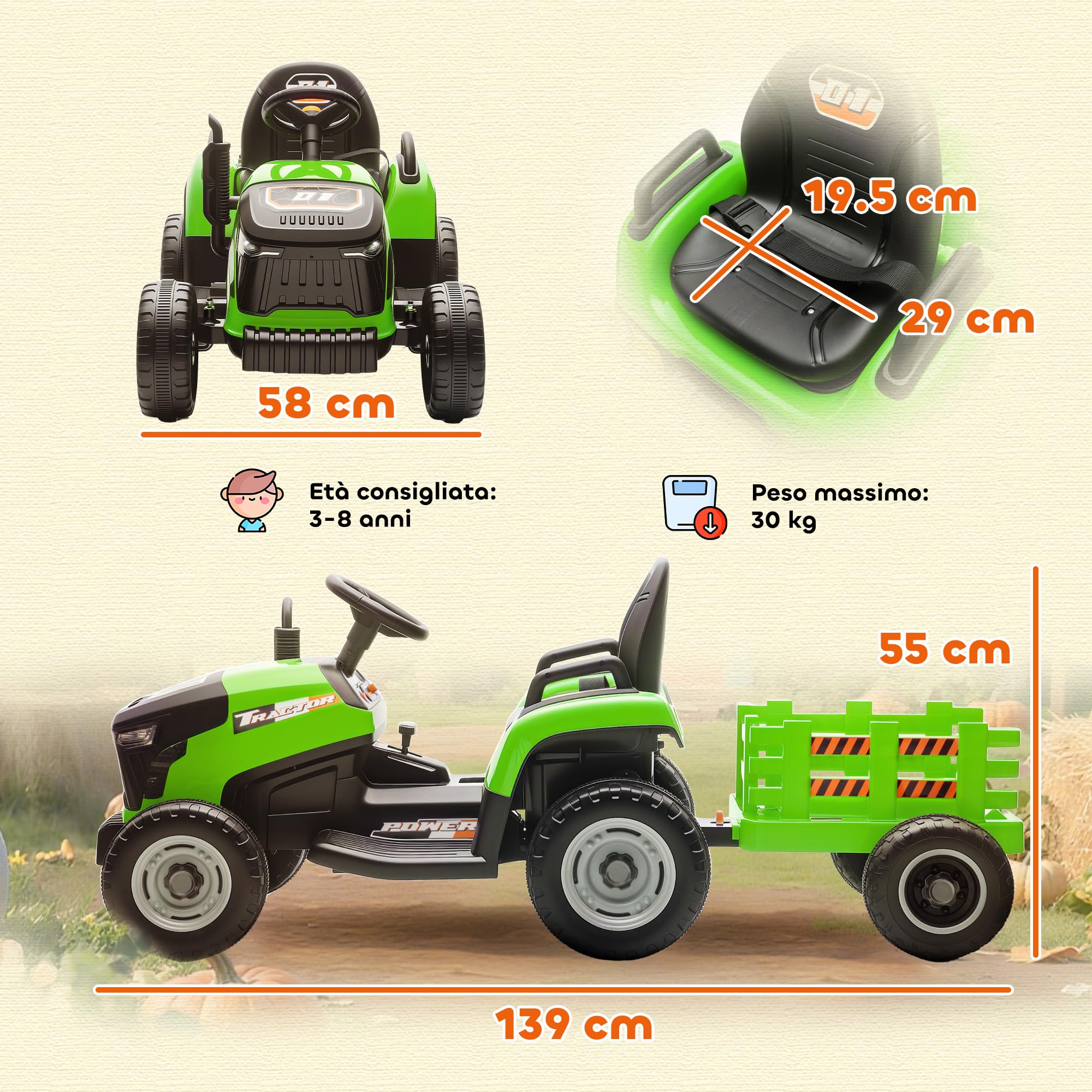 AIYAPLAY 2 in 1 Trattore Elettrico per Bambini 3-8 Anni 12V con Rimorchio Staccabile, Auto Elettrica Cavalcabile per Bambini con Telecomando, Cintura di Sicurezza, Musica, Luci LED e Clacson, Verde