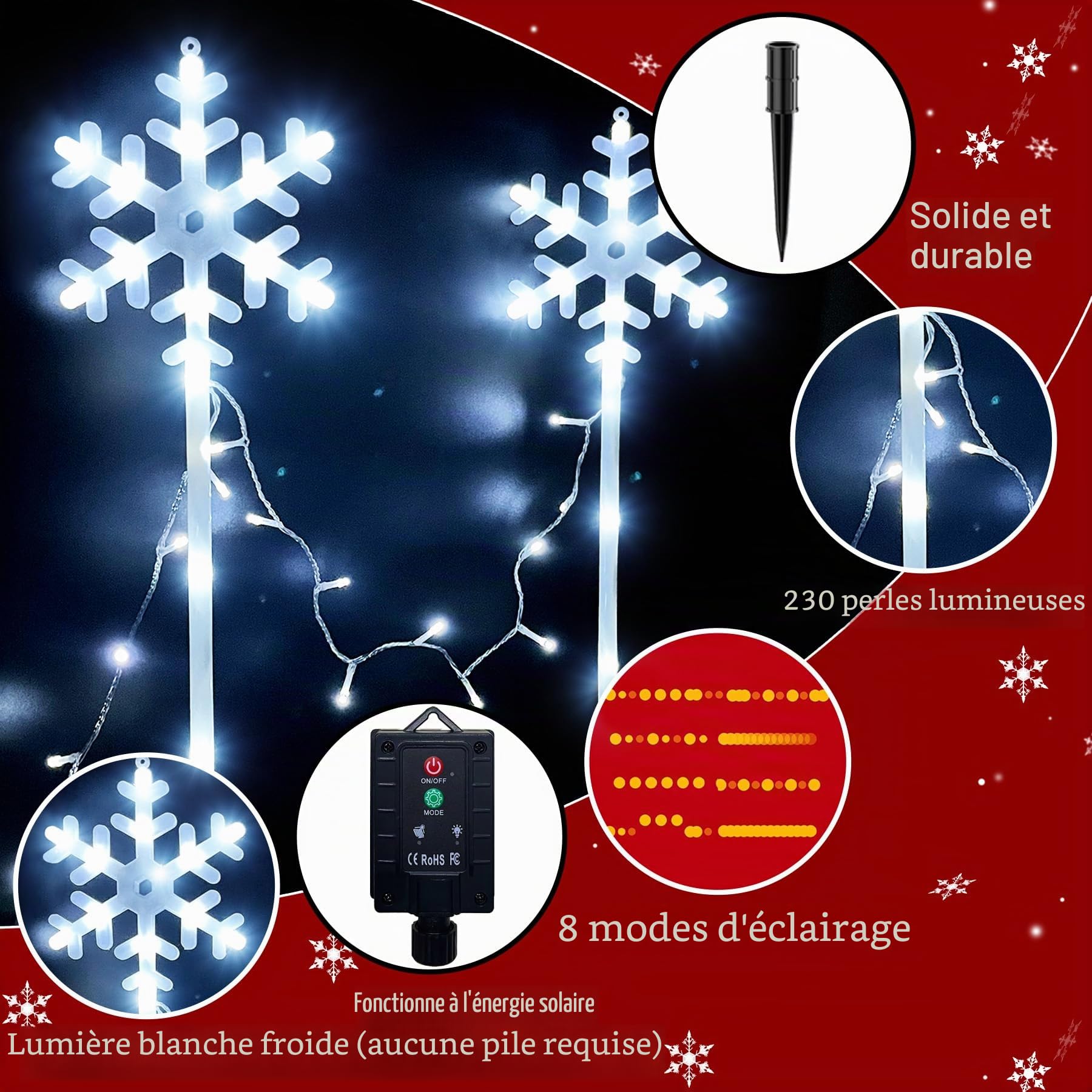 VEEKAY 10 Pièces Decoration Noel Lampe Solaire Exterieur,8 modes de canne à sucre éclairée solaire,Flocon de Neige Lumières de Noël,Étanches,Marqueur De Chemin De Noël pour Terrasse Cour Cadeaux