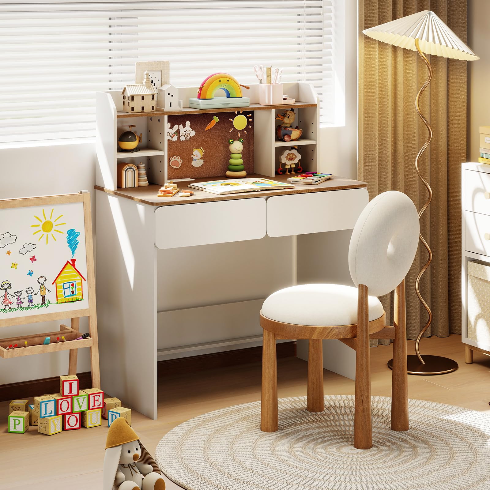 GOPLUS Escritorio Infantil con Estante, Mesa de Escritura con Tablero de Corcho y 2 Cajones, Estación de Carga y Estantes Ajustable en 5 Niveles, Escritorio Multifuncional para Estudiante de 8-12 Años