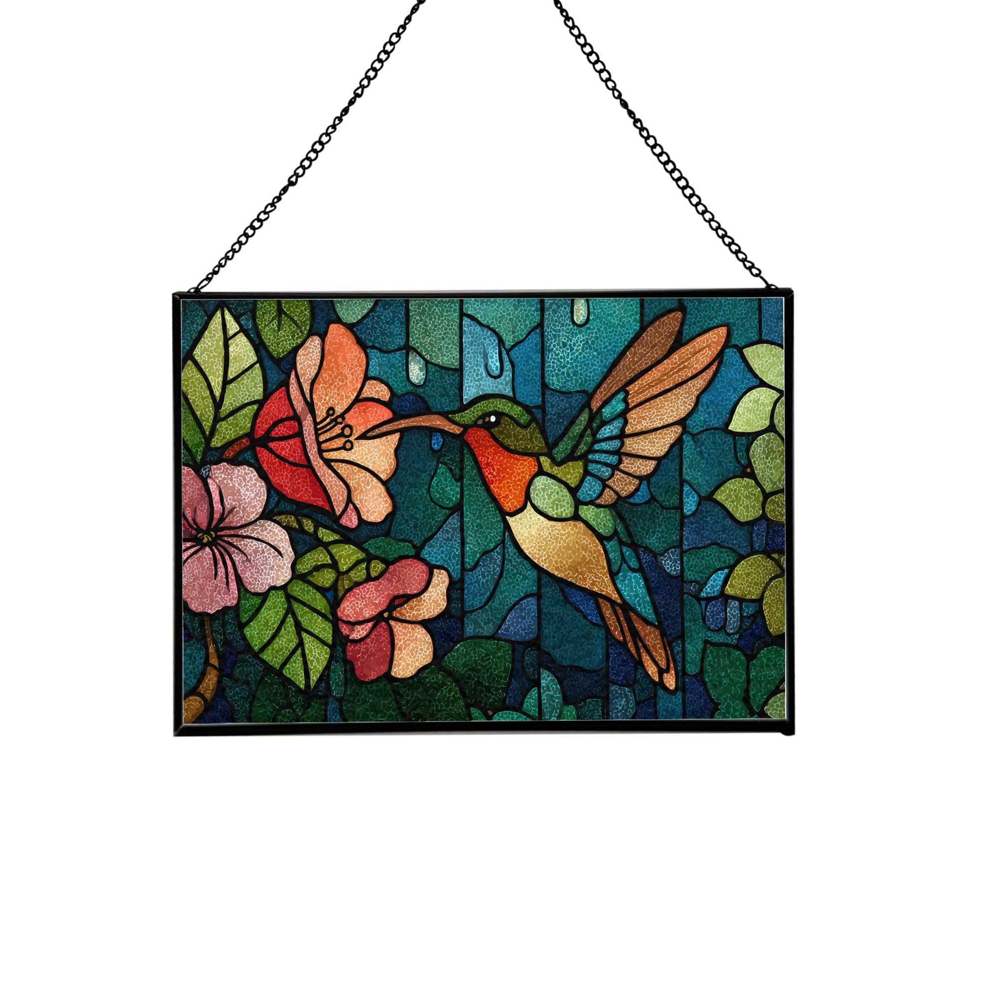 Hummingbird in mist – Rainy forest bloom Animal Stained Glass Suncatcher – Rectangular Hanging Window Panel with Artistic Nature Background –Wildlife Glass Art Gift for Animal and Nature Lovers C7gPI5