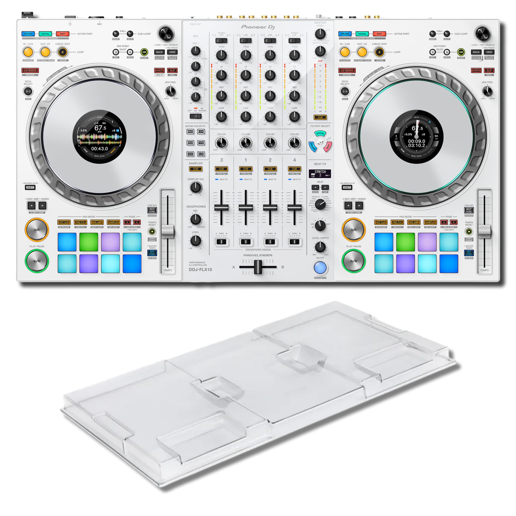 Pioneer DDJ-FLX10-W 4-Channel DJ Controller Bundle with Decksaver Polycarbonate Cover — STEMS Track Separation, DMX Lighting Control, Dual USB-C, rekordbox and Serato