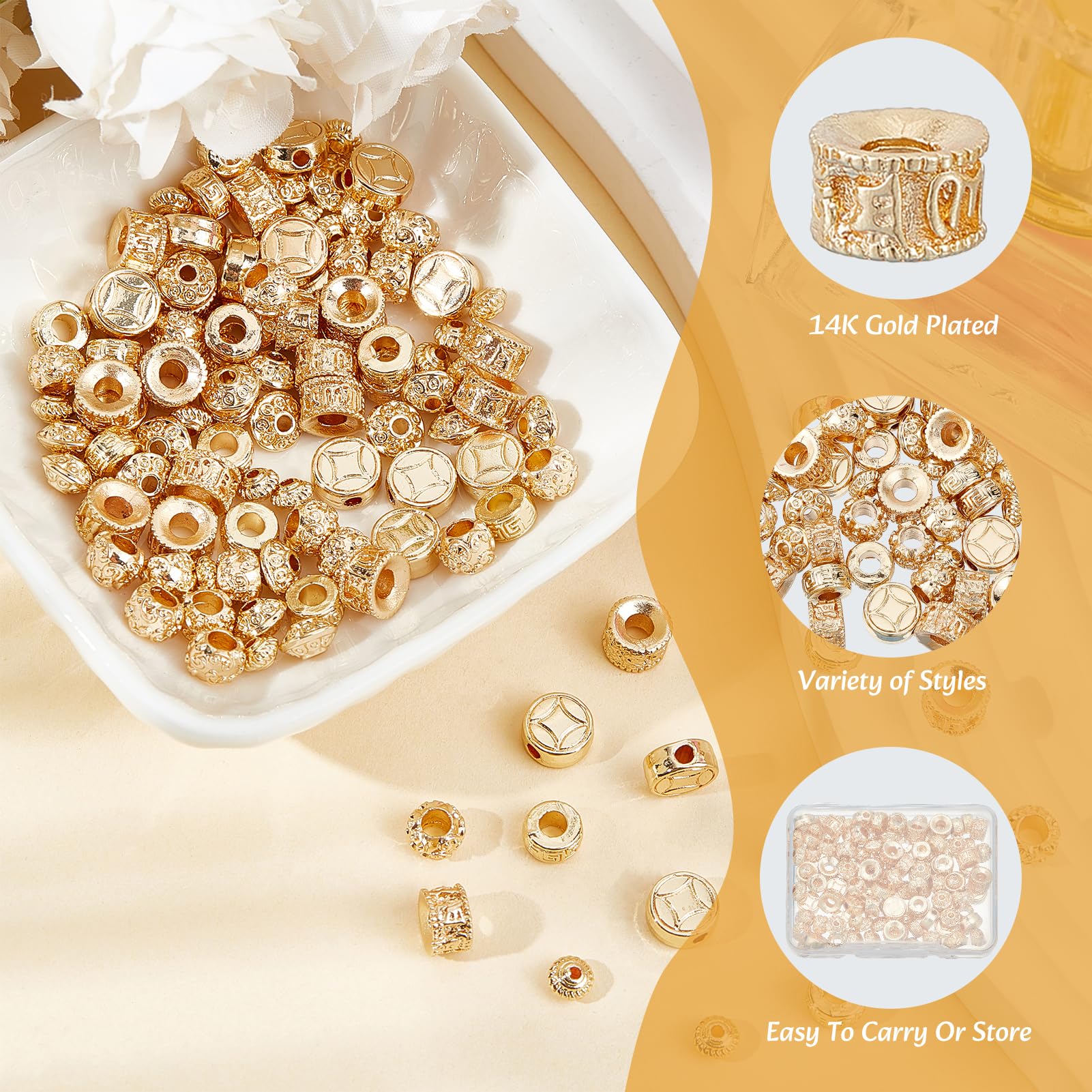 NICENEEDED 120 Pcs Golden Tibetan Spacer Beads, 14k Gold Plated Loose Beads - Image 2