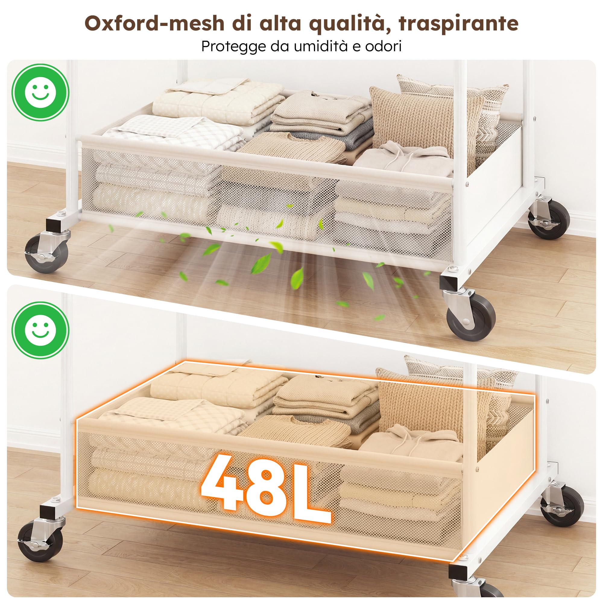 110cm Doppio Stand Appendiabiti con Ruote, Portata massima 110KG Metallo Stand Appendiabiti con 48L Traspirante Cesto Portabiancheria, per Giacche, Maglioni, Scarpe, Camera da letto, Bianco
