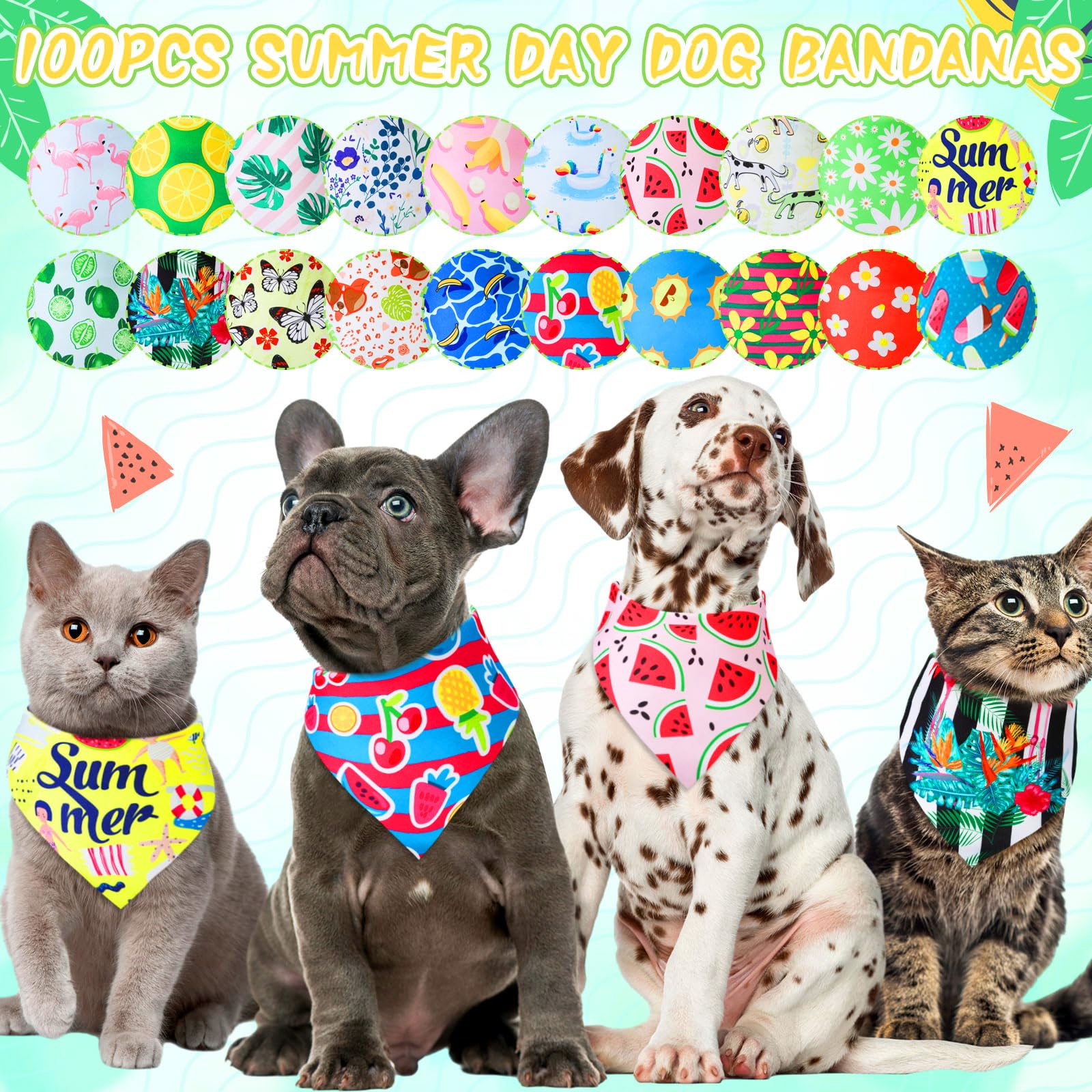 100 bandanas de verano para perro, a granel, flores de verano, limón, bandanas ajustables para perro, baberos triangulares de verano, bufanda para perro, disfraz de vacaciones de verano para