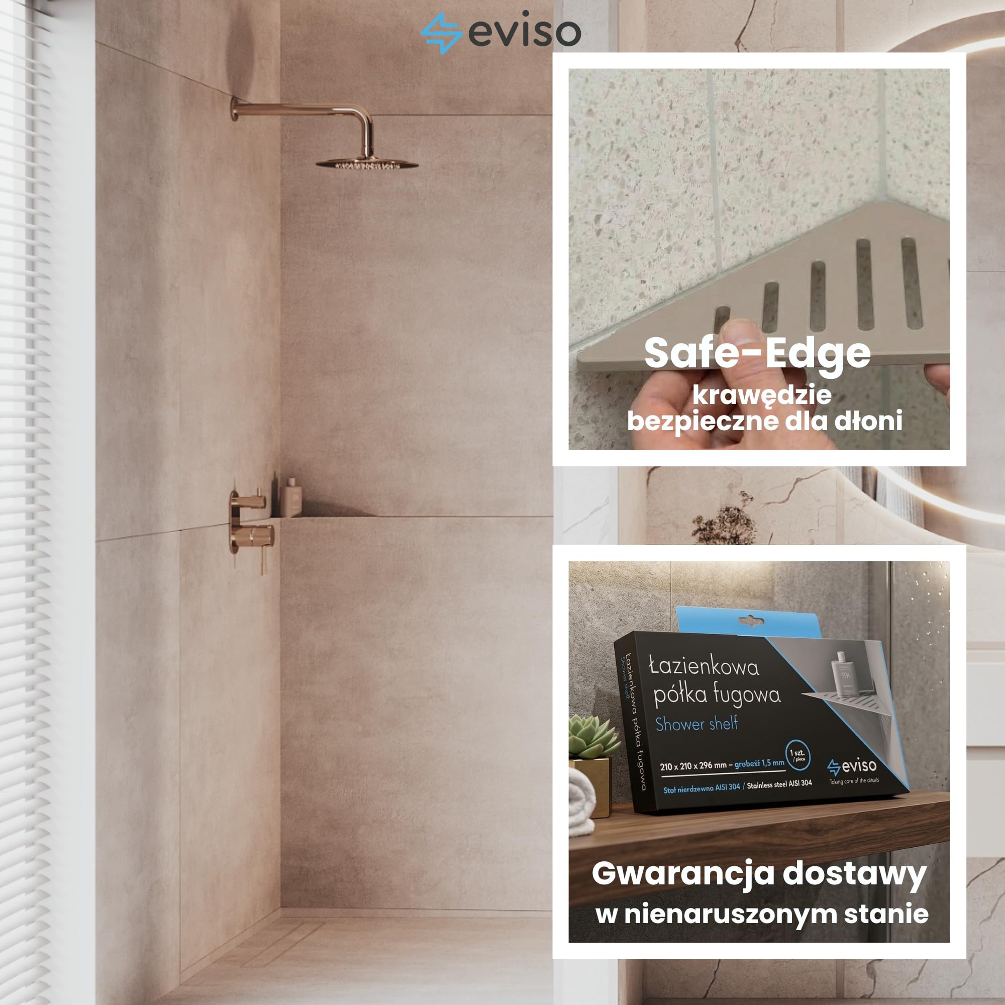 Eviso Premium Étagère de Douche d'Angle sans Perçage – Tablette de Douche en Acier Inoxydable AISI 304 Massif (ASTM) – Design Slim Mural pour Joint de Carrelage