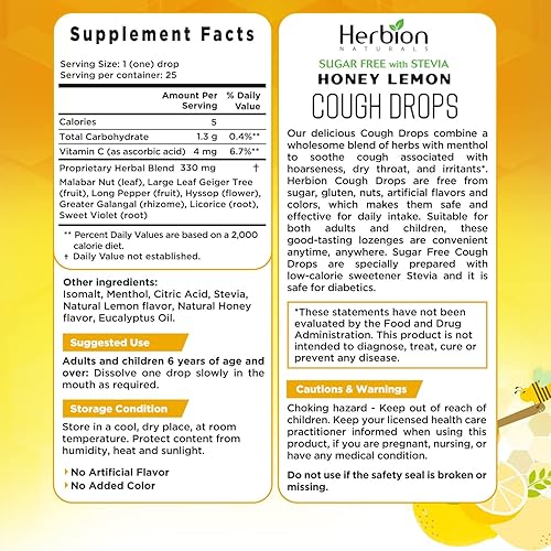 Miniatura 3 de Herbion Naturals Gotas para la tos con sabor a miel y limón, sin azúcar con stevia, suplemento dietético, alivia la tos, para adultos y niños