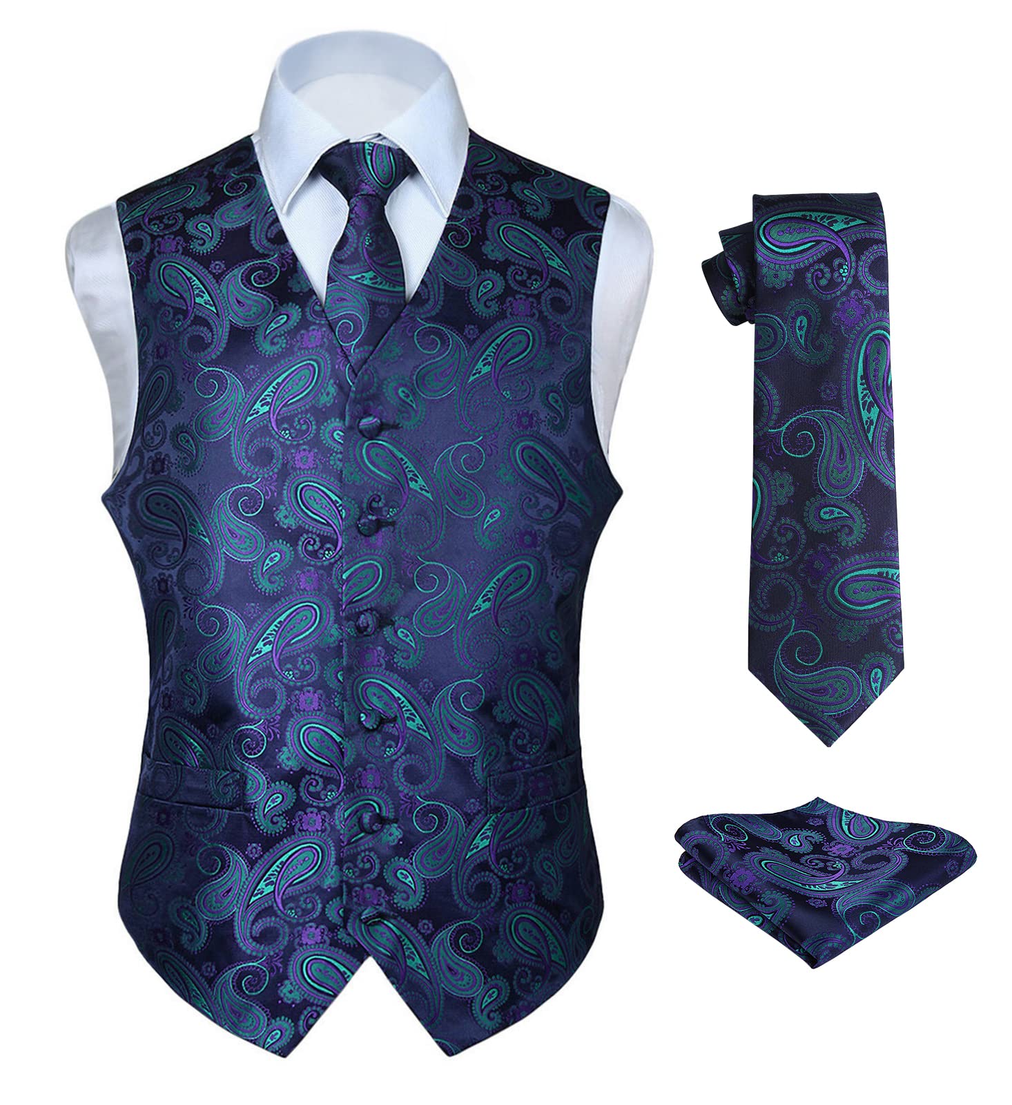 HISDERN Mens Vest Tie Set 3PC Formal Waistcoat Paisley Floral Jacquard Necktie Pocket Square Suit Vests Wedding Party