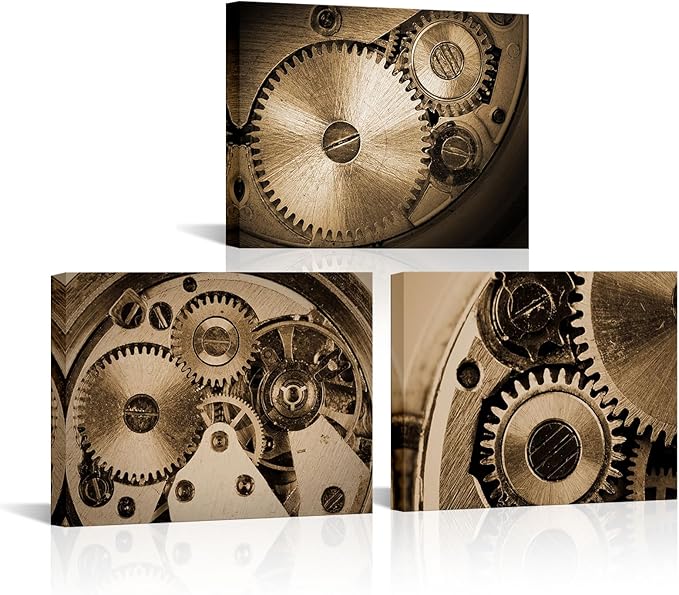 LyerArtork 3 Piece Steampunk Industrial Engines Wall Art Canvas Prints Sepia Retro Gear Wheel Mechanical Pictures Artwork Wall Decor for Office Living Room Stretched and Framed 12x16inchx3