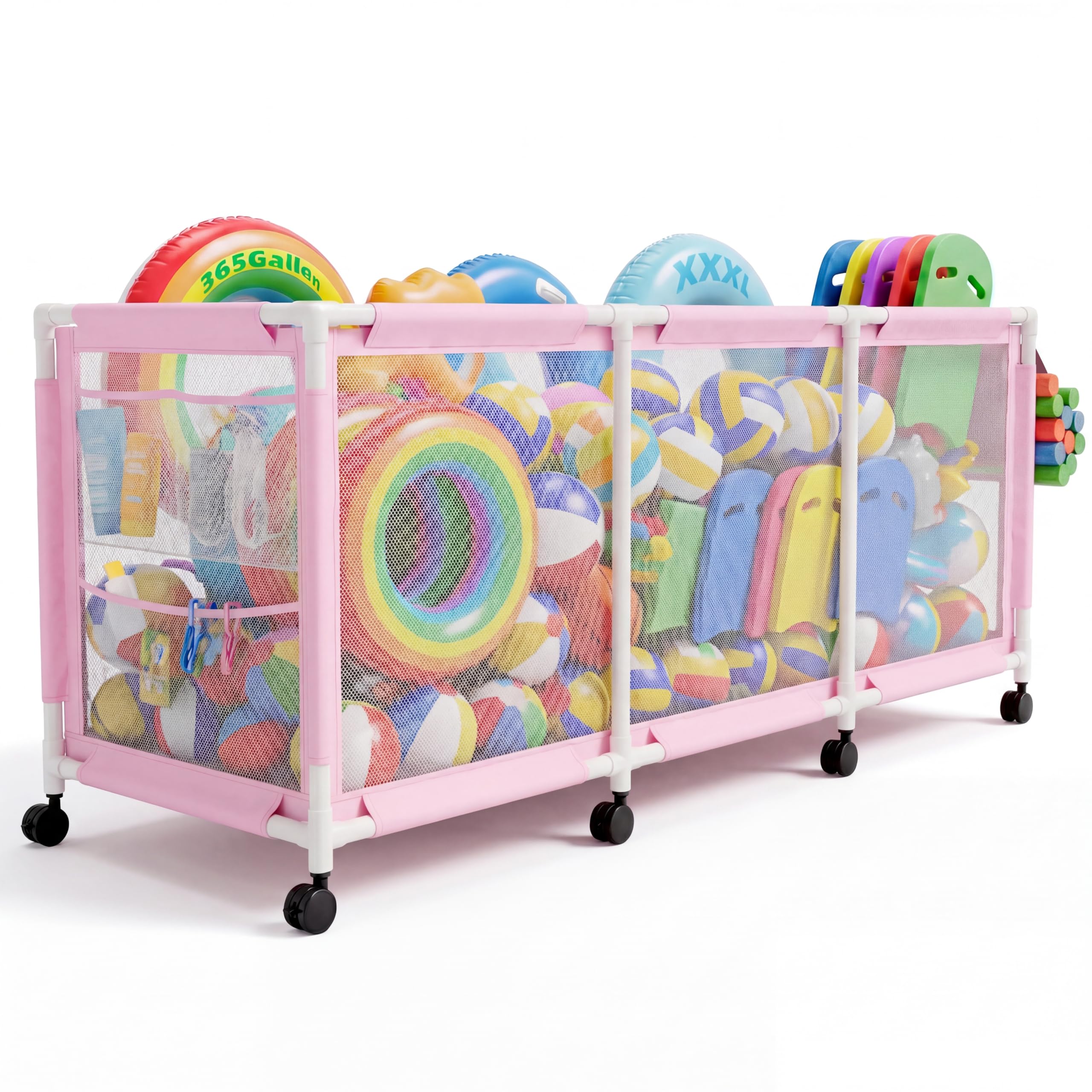 Jotesnew 365 Gallon 103" L Extra Large Swimming Pool Storage Bin, Pool Noodles Holder, Toys, Floats, Balls and Floats Equipment Mesh Rolling Storage Organizer Bin, 103" Lx32 Wx35 H (Pink)