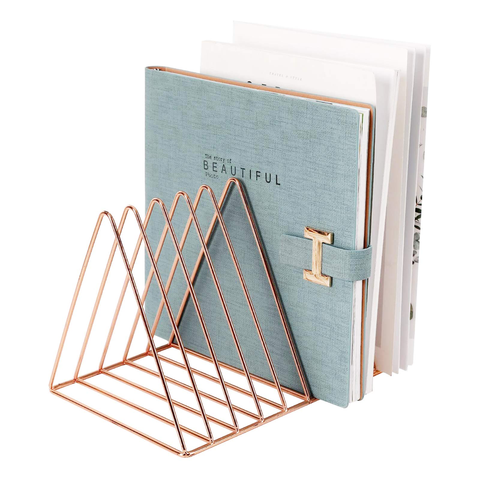 PENGKEFile Organizer Triangle Iron Desktop Storage Book Rack Bookshelf Copper Magazine Newspaper Holder Art Desktop Organizer Rack,Rose Gold Pack of 1
