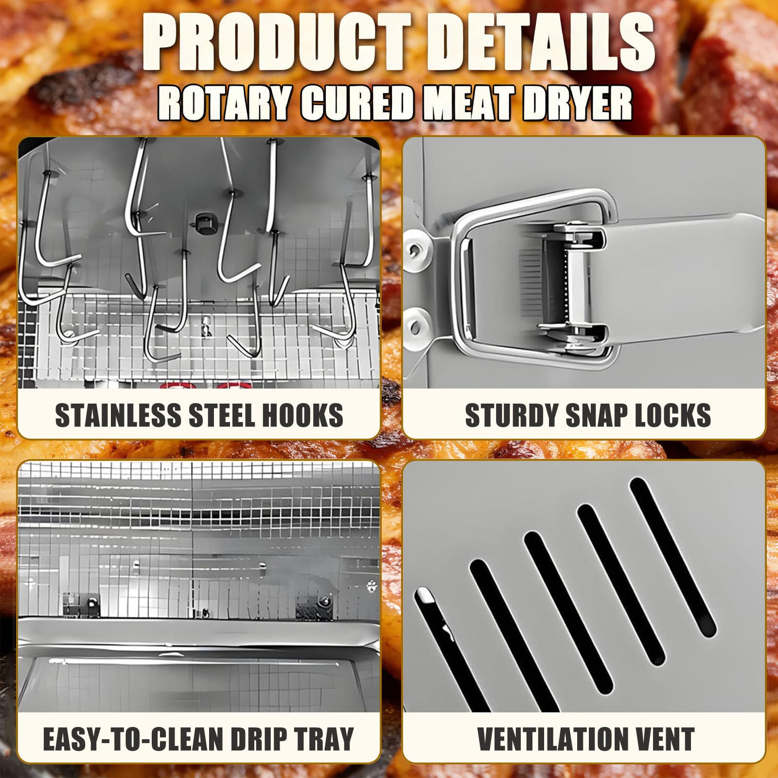 360° Drehbarer Fleischtrockner, Reifeschrank Für Fleisch, Mit 14 Haken, Temperaturregelung Von 30-90℃ / 24-Stunden-Timer, Edelstahl, Für Trockenfleisch, Speck, Würstchen