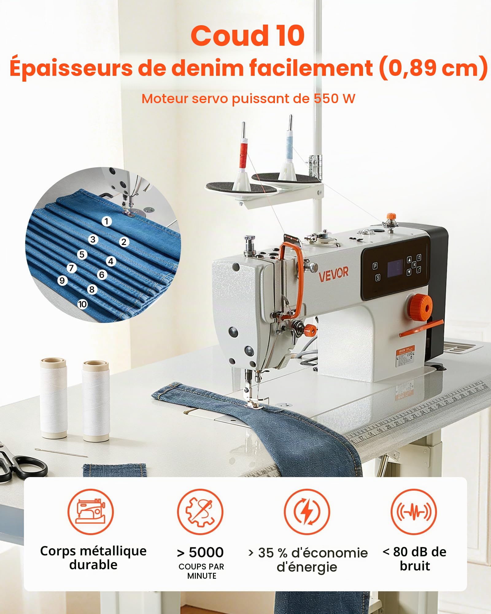 VEVOR Machine à Coudre Industrielle, 550 W Ensemble Machine à Point Noué avec Servomoteur et Table de Couture, Vitesse 5000 PPM, Coupe-fil Automatique, Écran LCD, Éclairage LED, pour Coton et Denim
