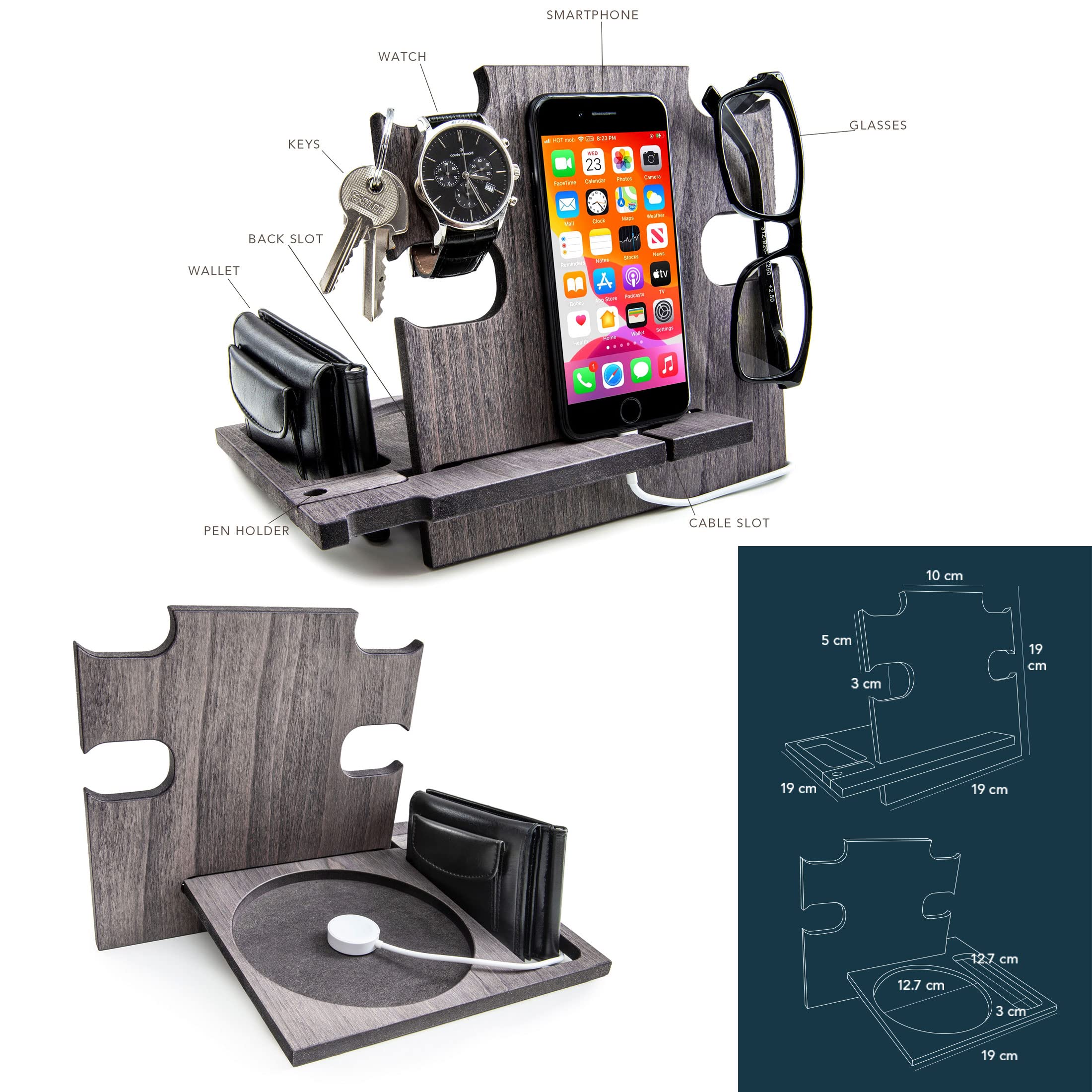 Docking Station Legno Personalizzata Per Smartphone - Organizzatore Da Scrivania Con Incisione Nome - Foto 6