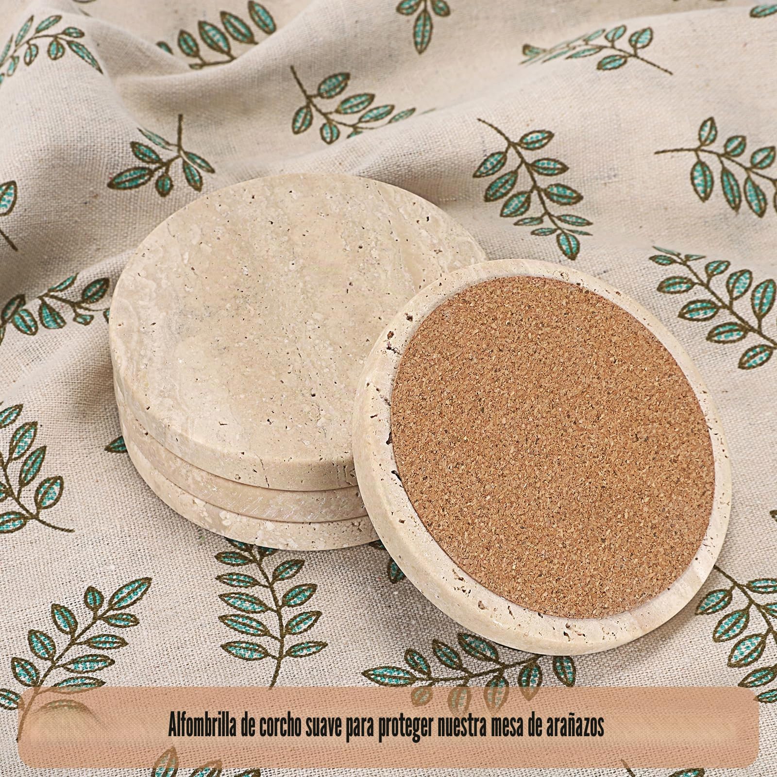 4 posavasos hexagonales de travertino de 10 x 10 cm con almohadillas de madera suave, posavasos de travertino de mármol beige natural, posavasos de piedra de travertino para bebidas, café