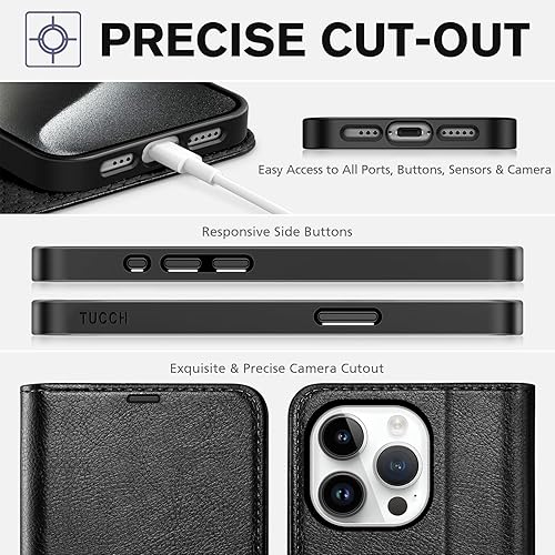Miniatura 8 de TUCCH Funda tipo cartera para iPhone 15 Pro, función atril bloqueo RFID 4 tarjeteros TPU carcasa interior de piel sintética magnética protectora
