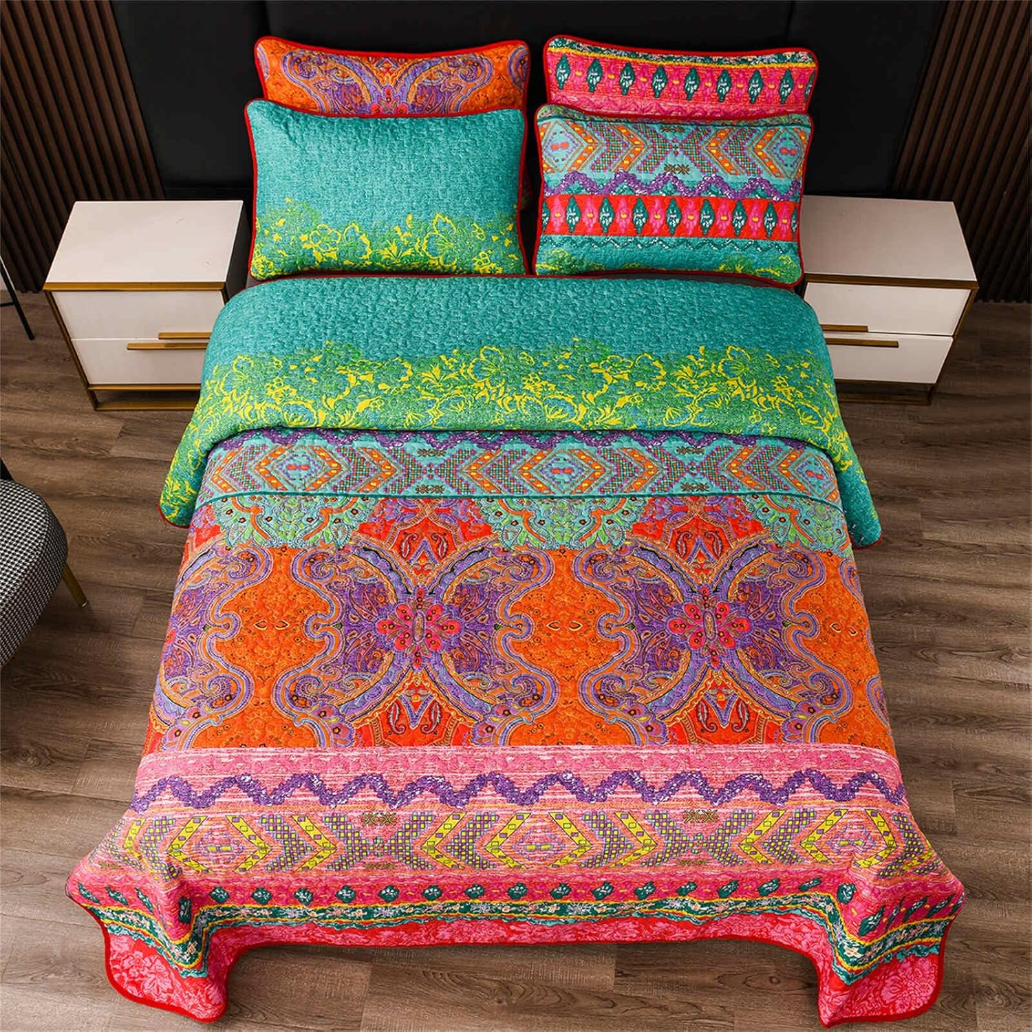 Colorful Bohemian Quilt Set Queen Size Boho Red Green Exotic Printed Bedspread Set 3 Pieces Vibrant Vintage Ethnic Striped Microfiber Bed Coverlet for All Seasons - Image 4