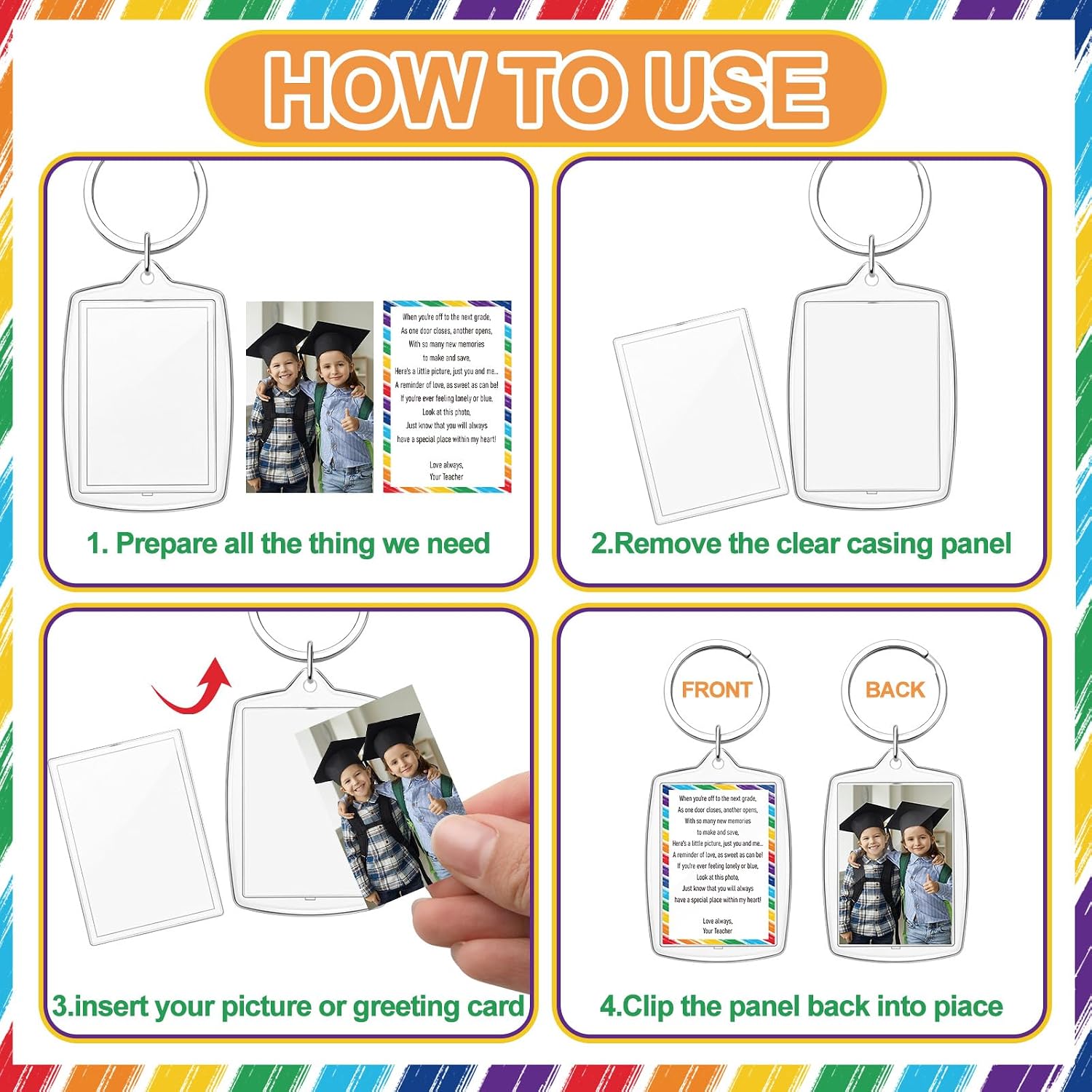 24 Sets End of Year Student Gifts from Teacher Graduation Photo Keychains Bulk End of Year Clear Acrylic Picture Insert Keychains with Card for Preschool Kids Elementary Gift (1.3 x 1.8 Inch)