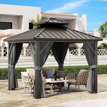 10 x 10 Hardtop Gazebo with Double Galvanized Steel Roof, Heavy-Duty Aluminum Frame, and Khaki Privacy Curtains & Netting for Patio, Backyard, and Deck