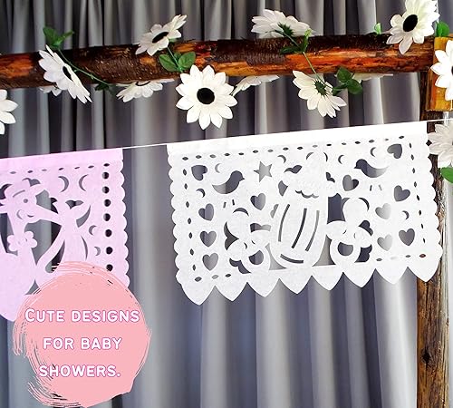 Miniatura 5 de Pancartas de fiesta de baby shower de niña rosablanca  Decoraciones de baby shower rosa Fiesta Papel Picado, guirnaldas de papel con serpentinas con