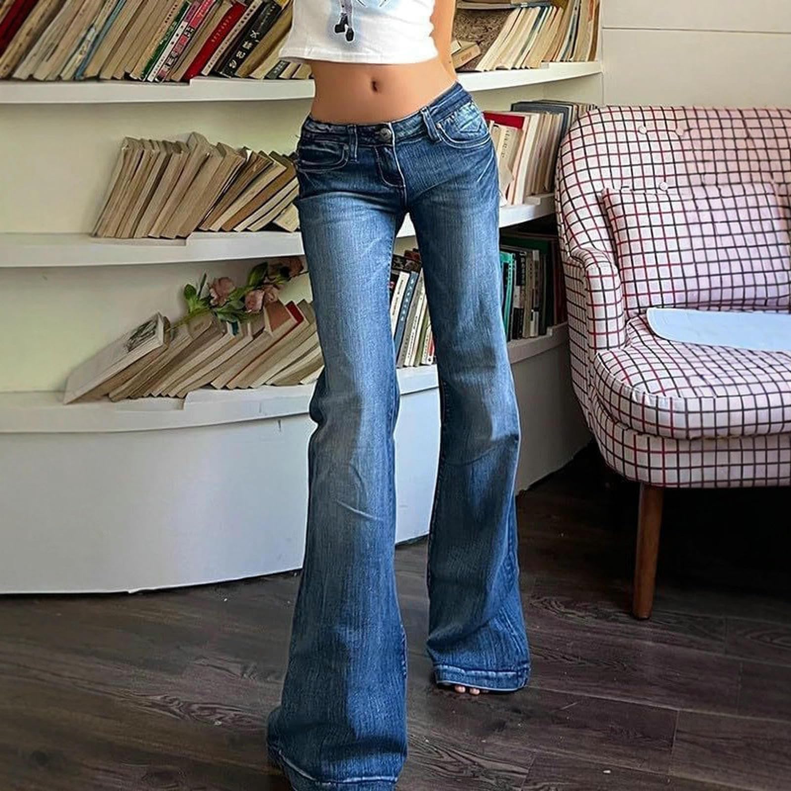 Jeans da Donna A Zampa Donna, Skinny Elasticizzati Vita Bassa, Snellenti-Blu Scuro-s