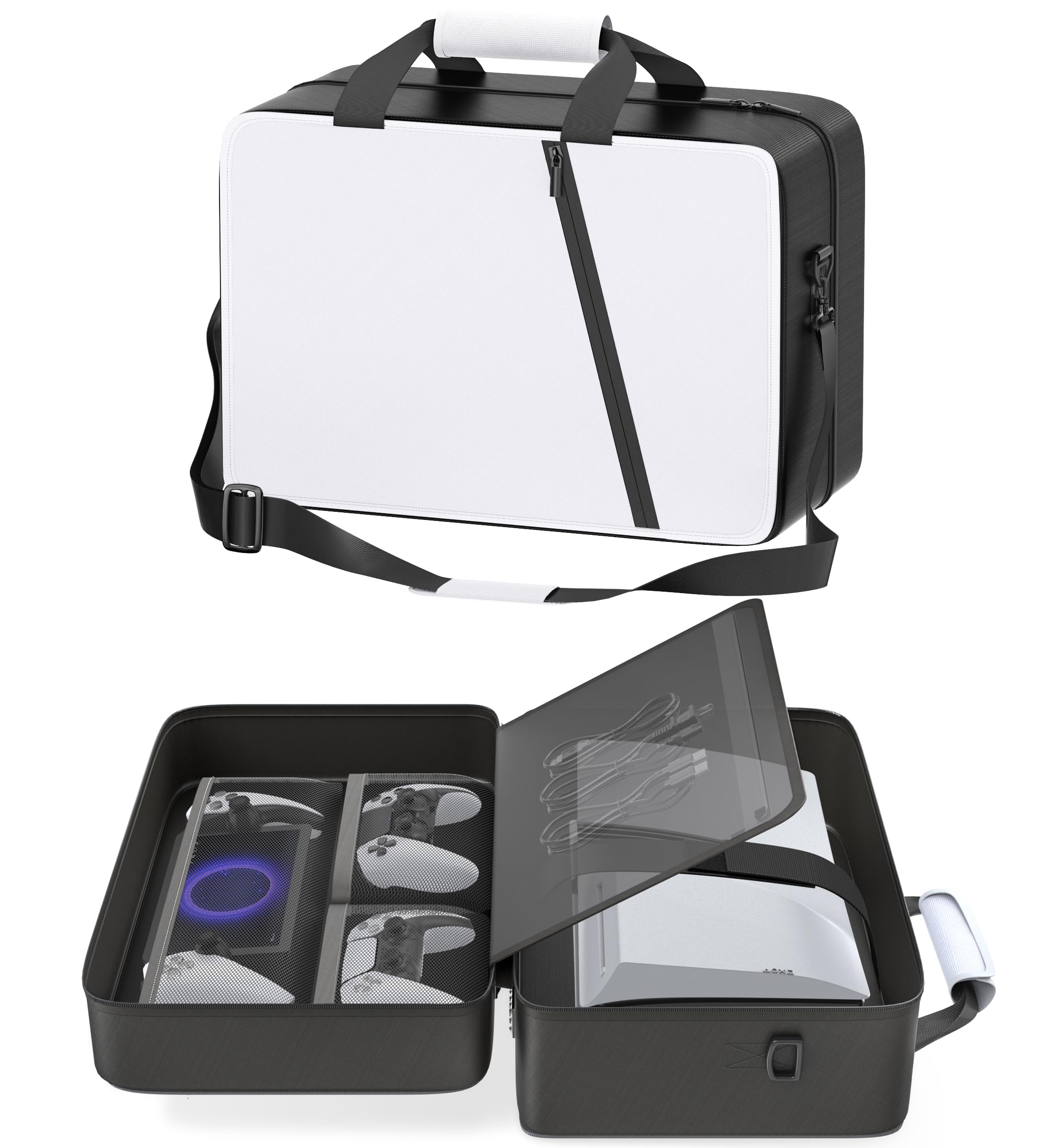 Gersker Bolsa de Viaje para PS5/Slim/Pro Digital & Disc, Funda de Transporte para PS5 de 10 Compartimentos para PS Portal, 4 Tarjetas de Juego, 2 Mandos, Bolsa PS5 de Gran Capacidad, Negro & Blanco