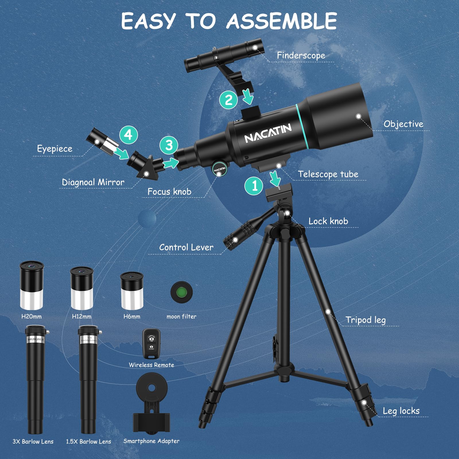 Telescopio Astronomico Per Adulti E Bambini - 70mm Apertura, 400mm Focale, Portatile Con Treppiede E Borsa