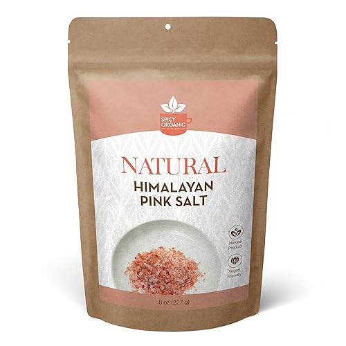 SPICY ORGANIC Sal natural del Himalaya sin OMG, sal rosa del Himalaya sin gluten, rica en 80 minerales y elementos, 8 onzas.