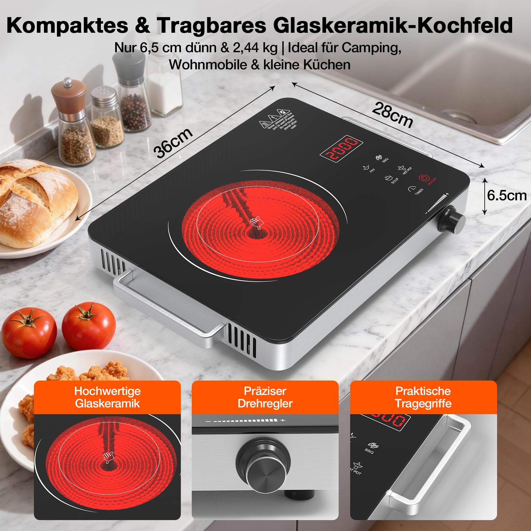 Glaskeramikkochfeld 2000W, Tragbare Kochplatte Elektrisch 1er 36 cm mit Isolierten Griffen, 4 Kochmodi & 4H-Timer, Kochplatte Infrarot für Alle Töpfe, Tisch, Balkon und Camping