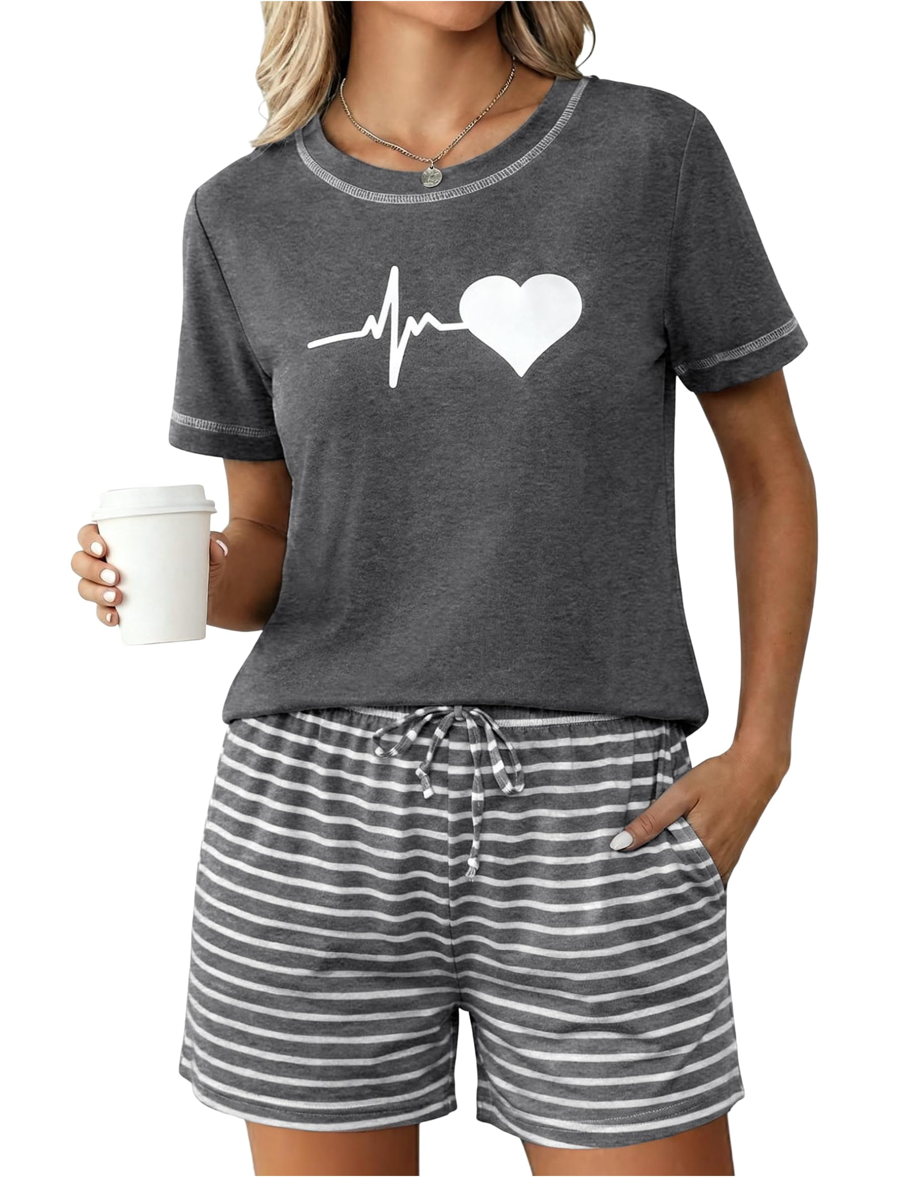 Leversic Damen Schlafanzug Kurz Pyjama Set aus Baumwoll-Mix, Sommer Nachtwäsche Zweiteiler mit Print-Motiv, Kurzarm Shirt und Shorts Loungewear Set für Frauen
