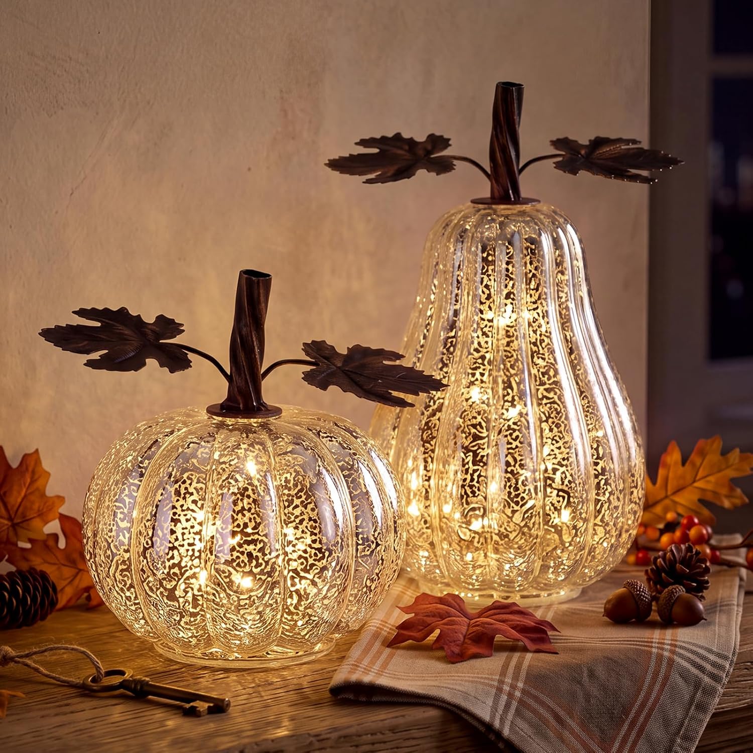 Glooglitter 2 Pcs Glass Pumpkin Lighted Fall Thanksgiving Decor,Orange