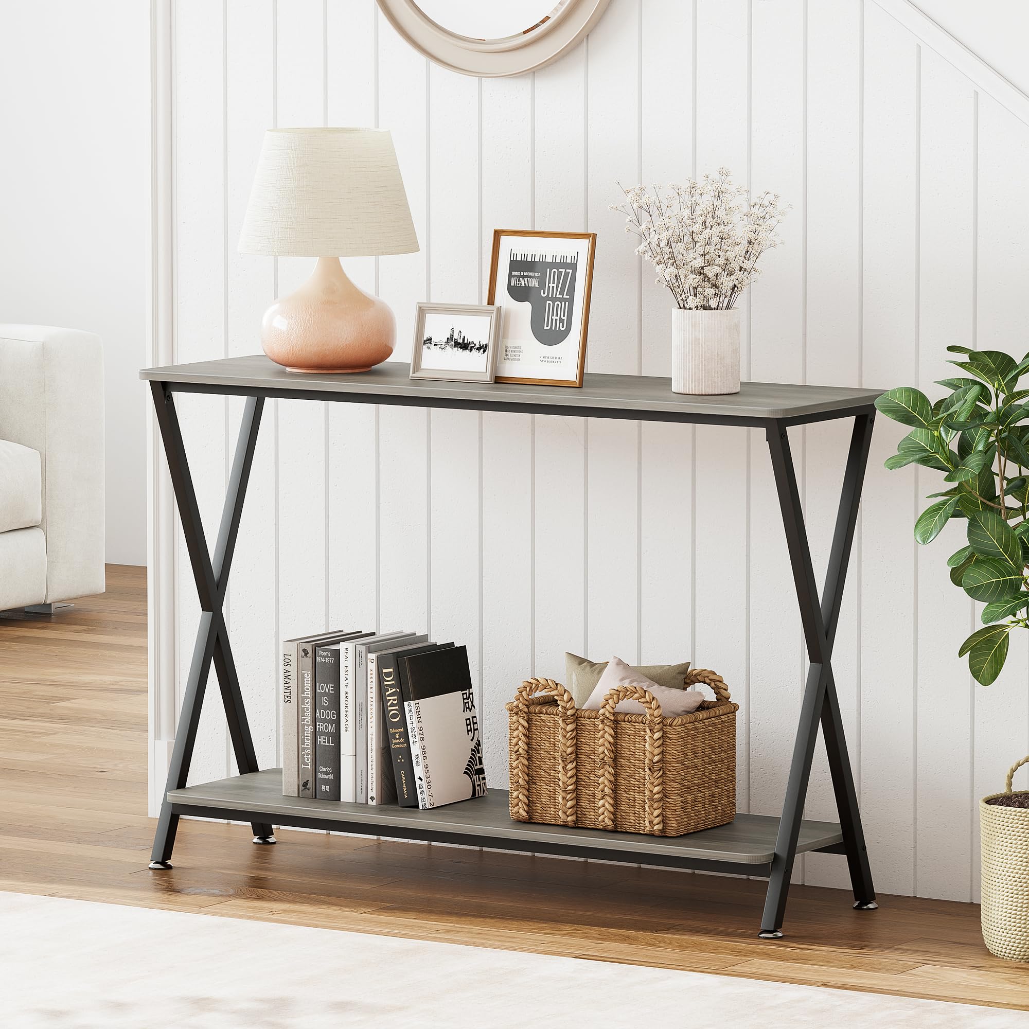 Garvee Modern Industrial Console Table, 2-Tier Slim Sofa/Hallway Table with Waterproof & Anti-Scratch Surface, Sturdy Metal X-Frame, Compact Entryway Table for Small Space, Grey, 81×30×105cm