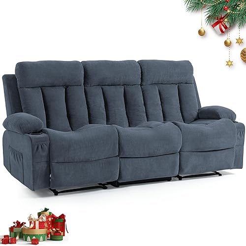 3 Seater Reclining Sofa Couch with Cup Holders, Comfy Triple Manual Fabric Recliner Chair for Living Room, Home Theater, Office, Blue