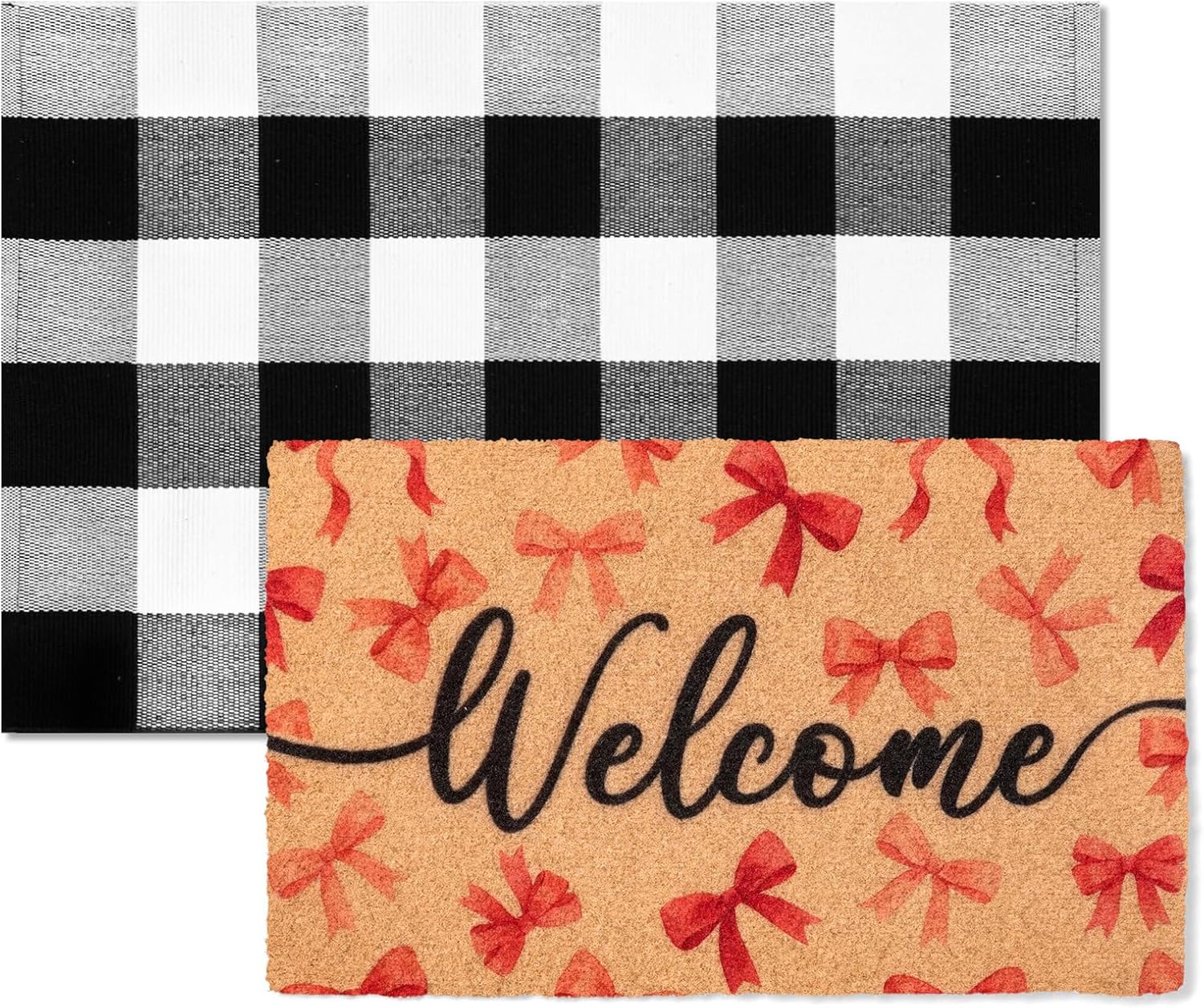 2 PCS Layered Welcome Mat Set - Pink Bow Coir Doormat (17.7"x 29.5") & Black White Buffalo Plaid Outdoor Rug (23.6" x 35.4"), Non-Slip Farmhouse Entryway Front Porch Decor