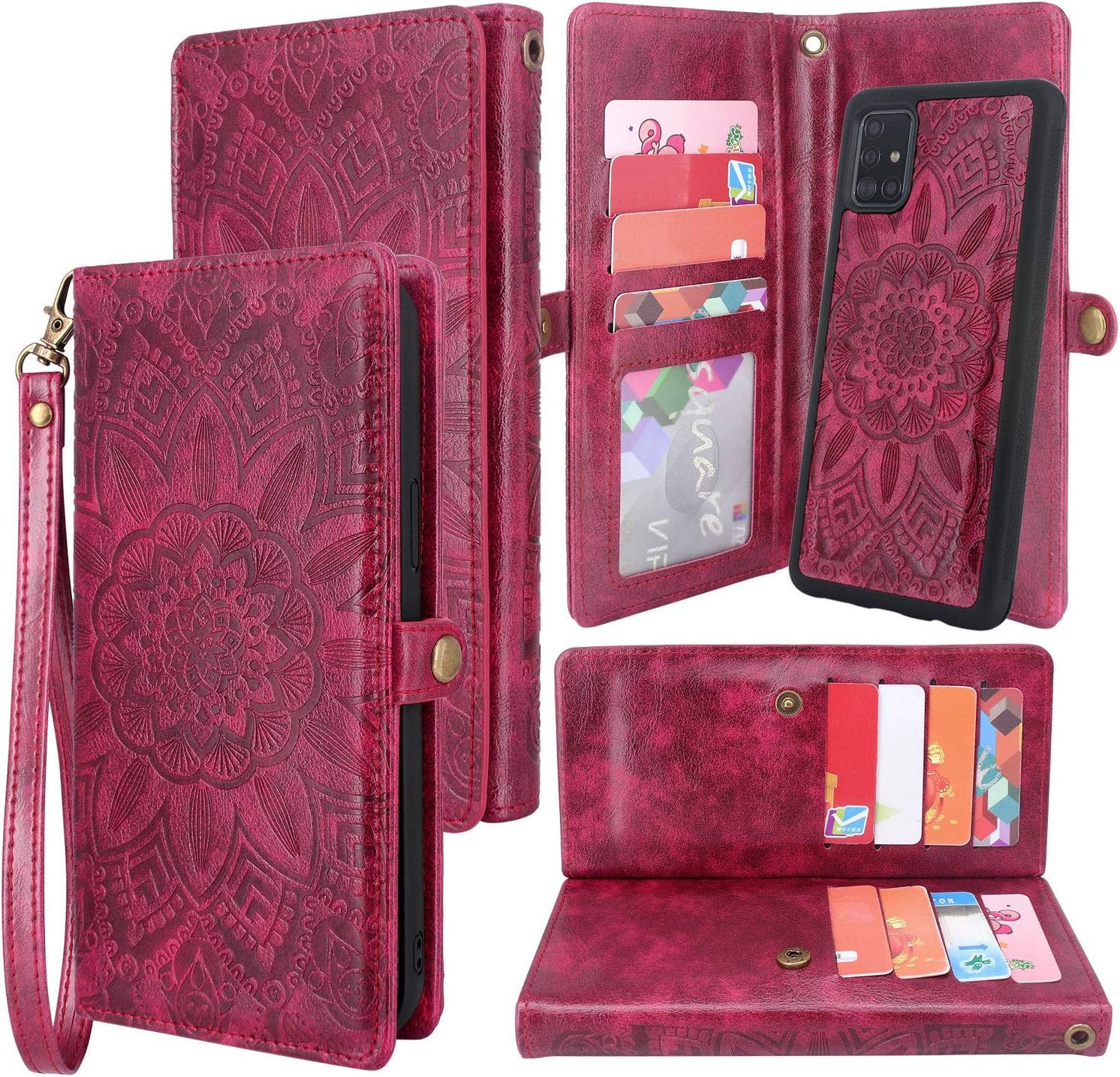 Harryshell Detachable Magnetic 12 Card Slots Wallet Case PU Leather Flip Protective Cover Wrist Strap for Samsung Galaxy A51 4G (Not for A51 5G) (Flower Wine Red)